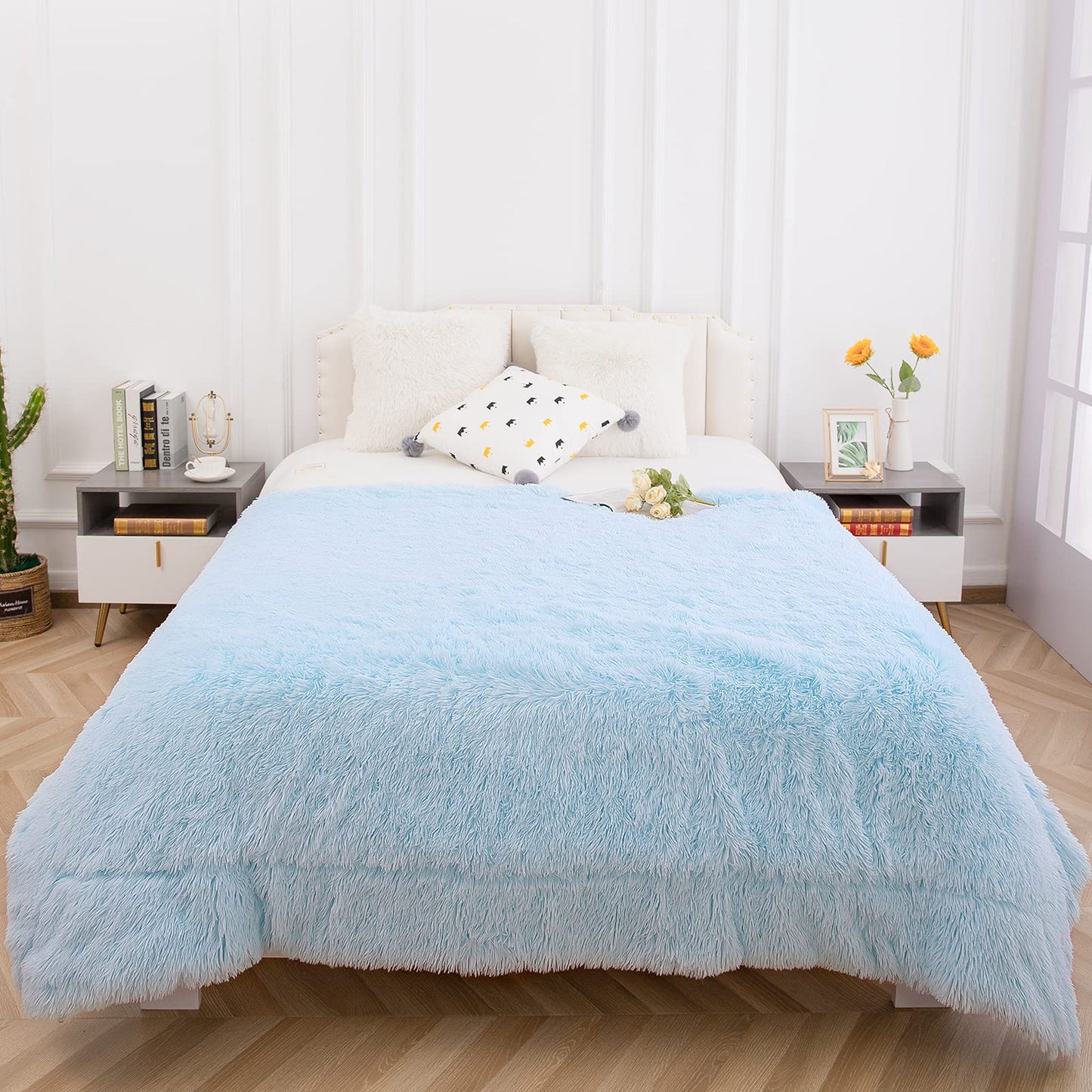 Faux Fur Throw Blanket, Super Soft Lightweight Shaggy Fuzzy Blanket Warm Cozy Plush Fluffy Decorative Blanket for Couch,Bed, Chair (Light Blue, 51"x63")