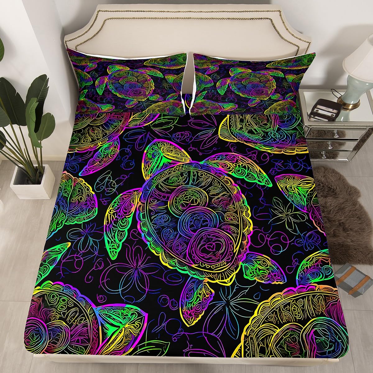 Feelyou Sea Turtle Fitted Sheet Ocean Creature Bed Sheet Set Sea Animal Bedding Boho Mandala Sheet Set Queen Size Includes 1 Sheets & 2 Pillowcases (No Flat Sheet)