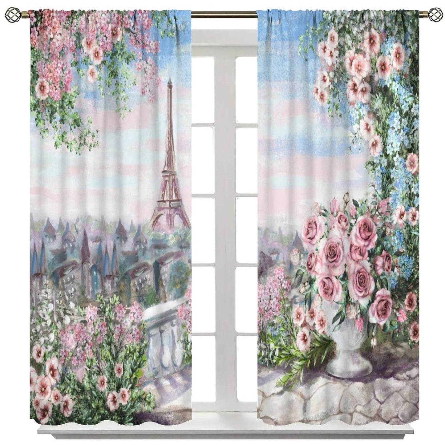 Flower Eiffel Tower Curtains Cherry Blossoms Pink Rose Romantic Paris Cityscape Fashion Building Rod Pocket Window Treatments for Girl Women Aldult Bedroom Living Restaurant Drapes 41" W X 45" L