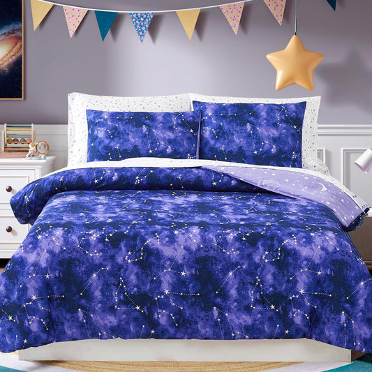 Wink Deer Full Size Comforter Set -7 Pieces Girls Boys Galaxy Glow in the Dark Full Bedding Sets for Kids, Ultra Soft Bed in A Bag with Sheets