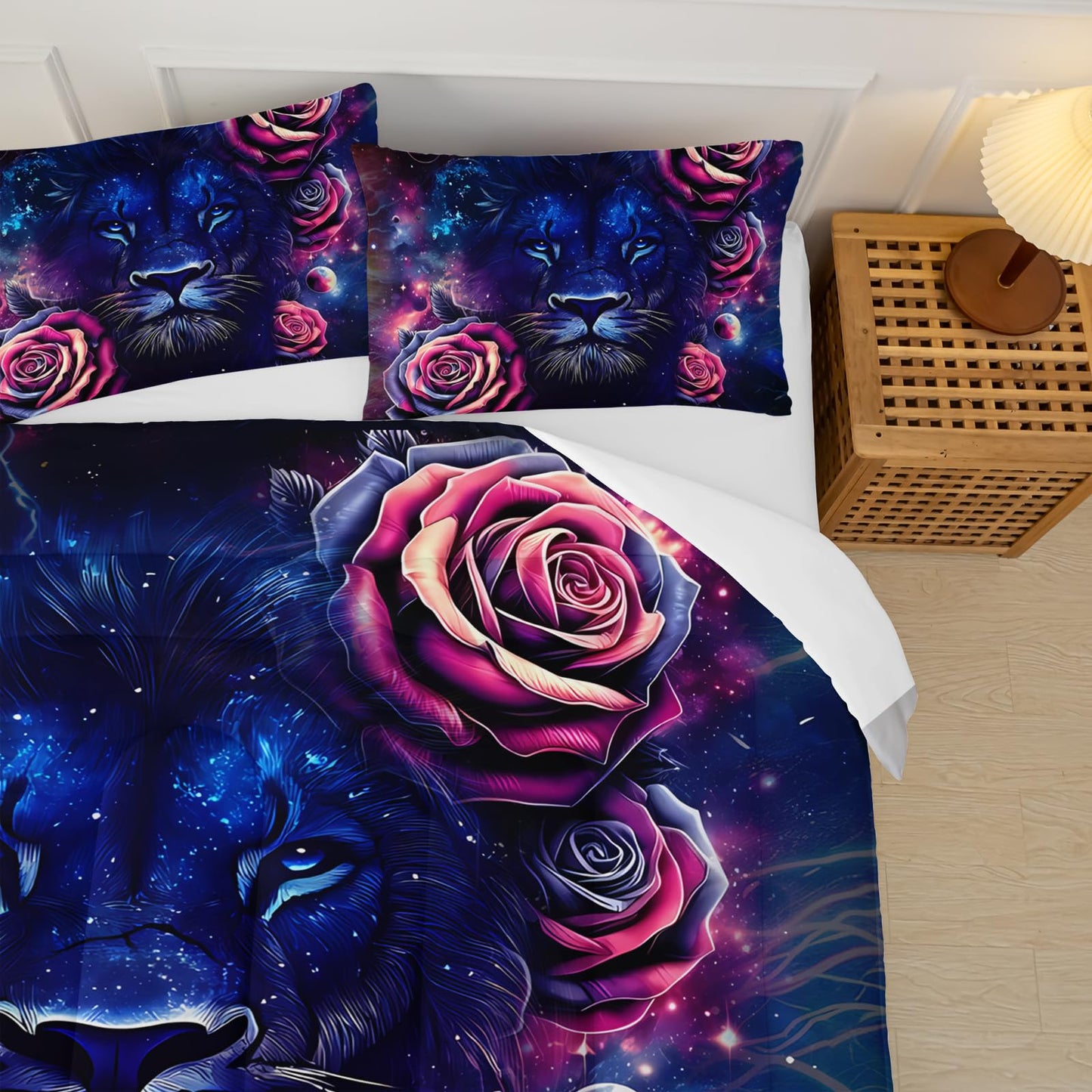 lneffble Black and Red Galaxy Roses Lion Comforter Set Full Size，Full Size Bedding Set Animal Print，Jungle Animal Bedroom Decor，with 1 Comforter with 2 Pillow Case