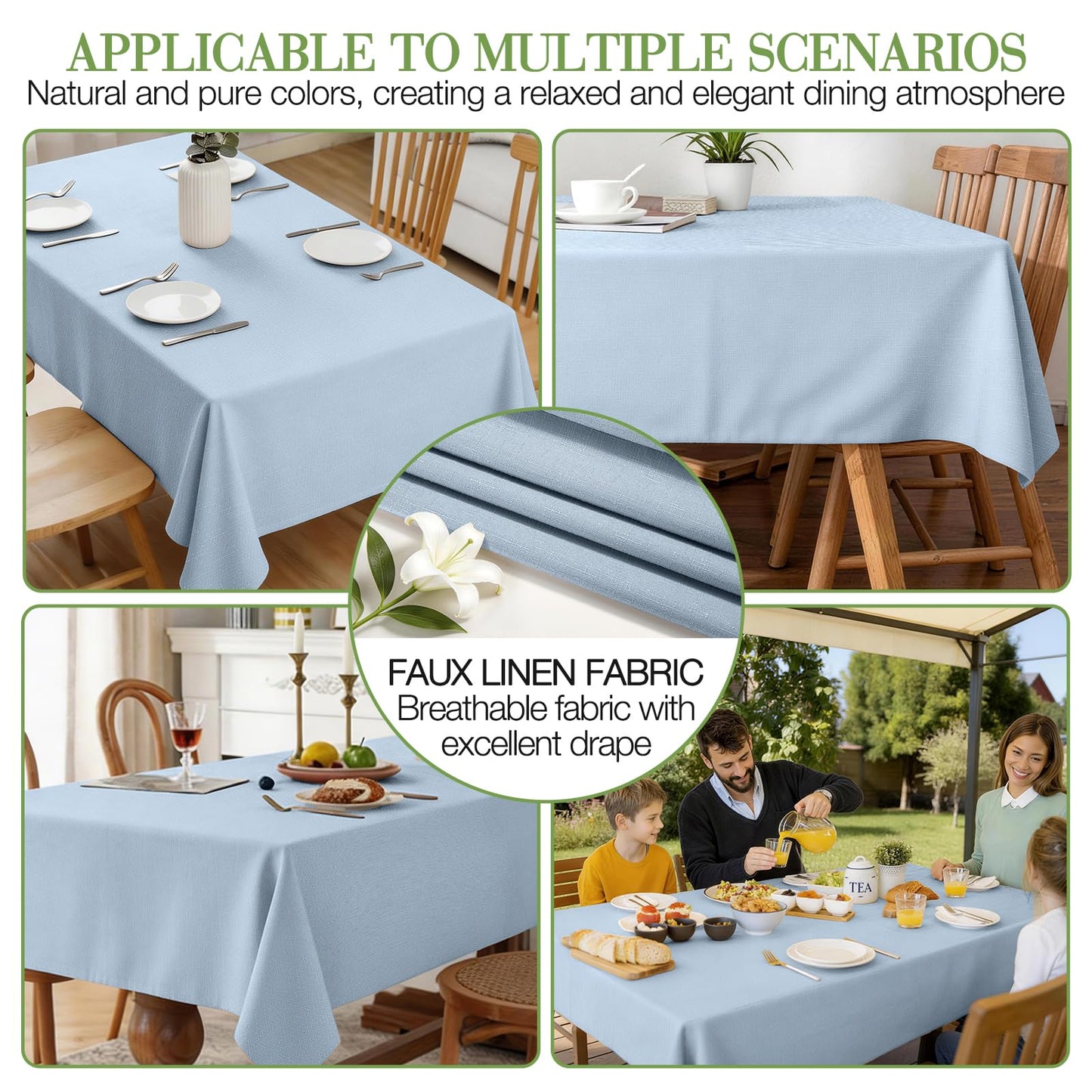 Yuruku Heavy Duty Faux Linen Tablecloth Rectangular 60 x 84 Inch Light Blue