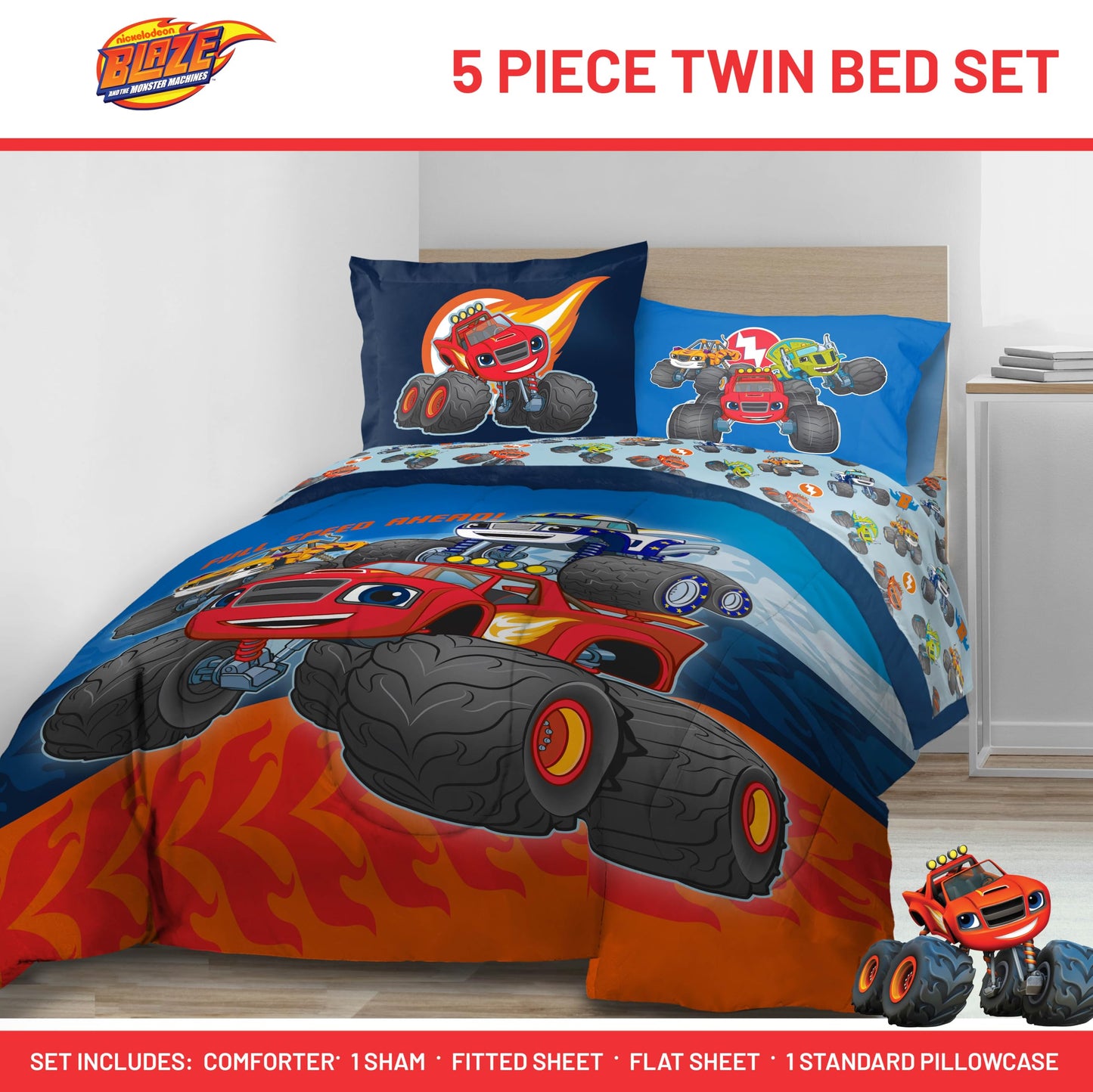 Jay Franco Kids Bed Set, Blue, Blaze the Monster Machines, 5 Piece Twin