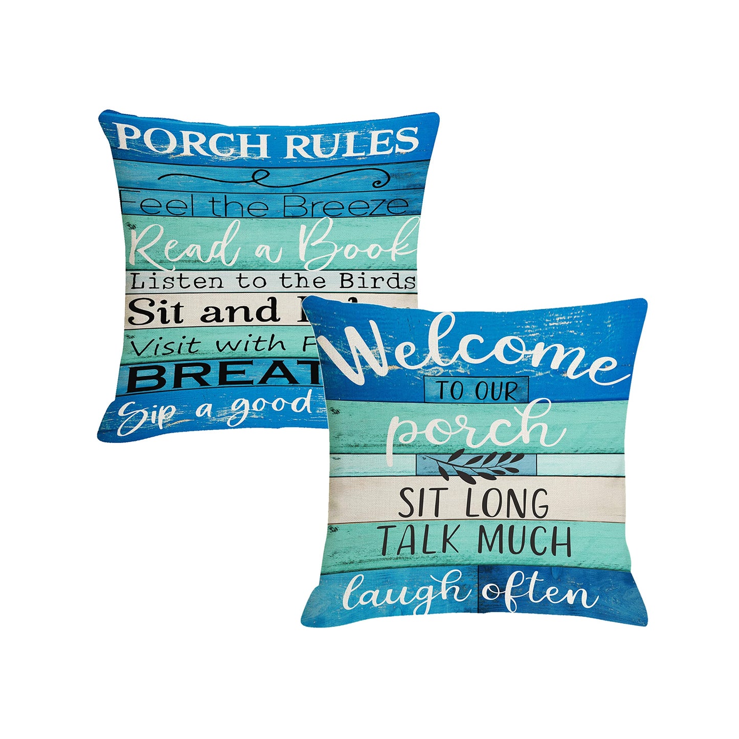 Jartinle Waterproof Outdoor Pillow Covers 18x18 - Turquoise Blue Beige Woodgrain Coastal Farmhouse Welcome to Porch Decorative Cushion Covers for Patio Furniture, Set of 2