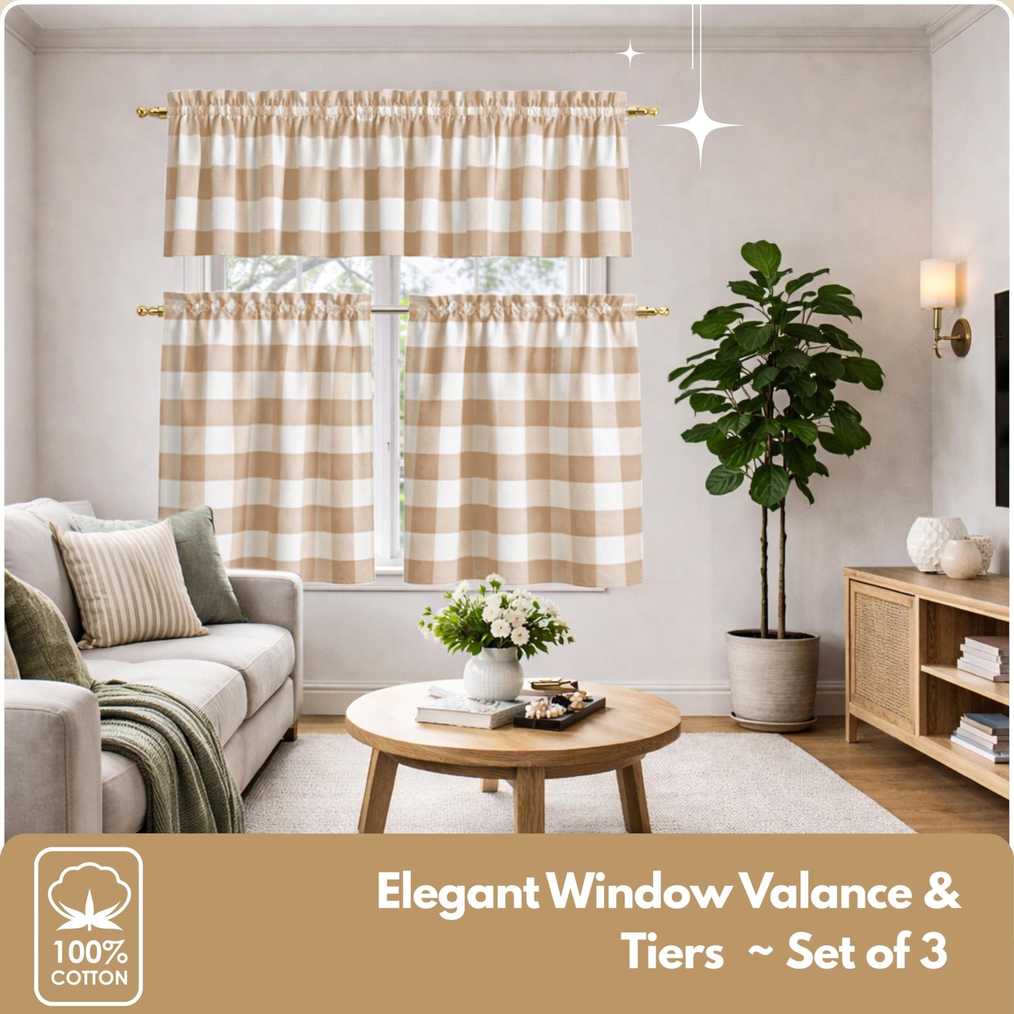 Native Fab Beige Buffalo Check Window Curtains, 3 Piece Cotton Tier and Valance Set, 2 Tiers 26x36 Inch and Valance 54x18 Inch, Rod Pocket Curtains for Living Room, Bedroom, Kitchen, Beige White