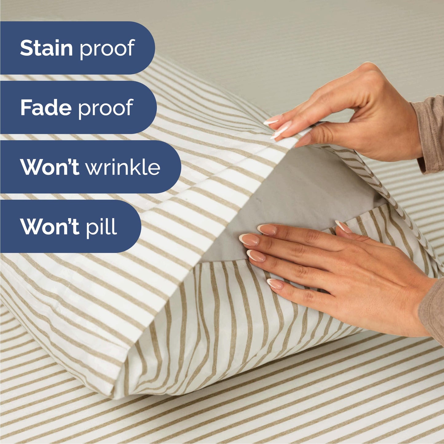 Queen Size 4 Piece Sheet Set - Comfy Breathable & Cooling Sheets - Hotel Luxury Bed Sheets for Women & Men - Deep Pockets, Easy-Fit, Soft & Wrinkle Free Sheets - Beige Stripes Oeko-Tex Bed Sheet Set
