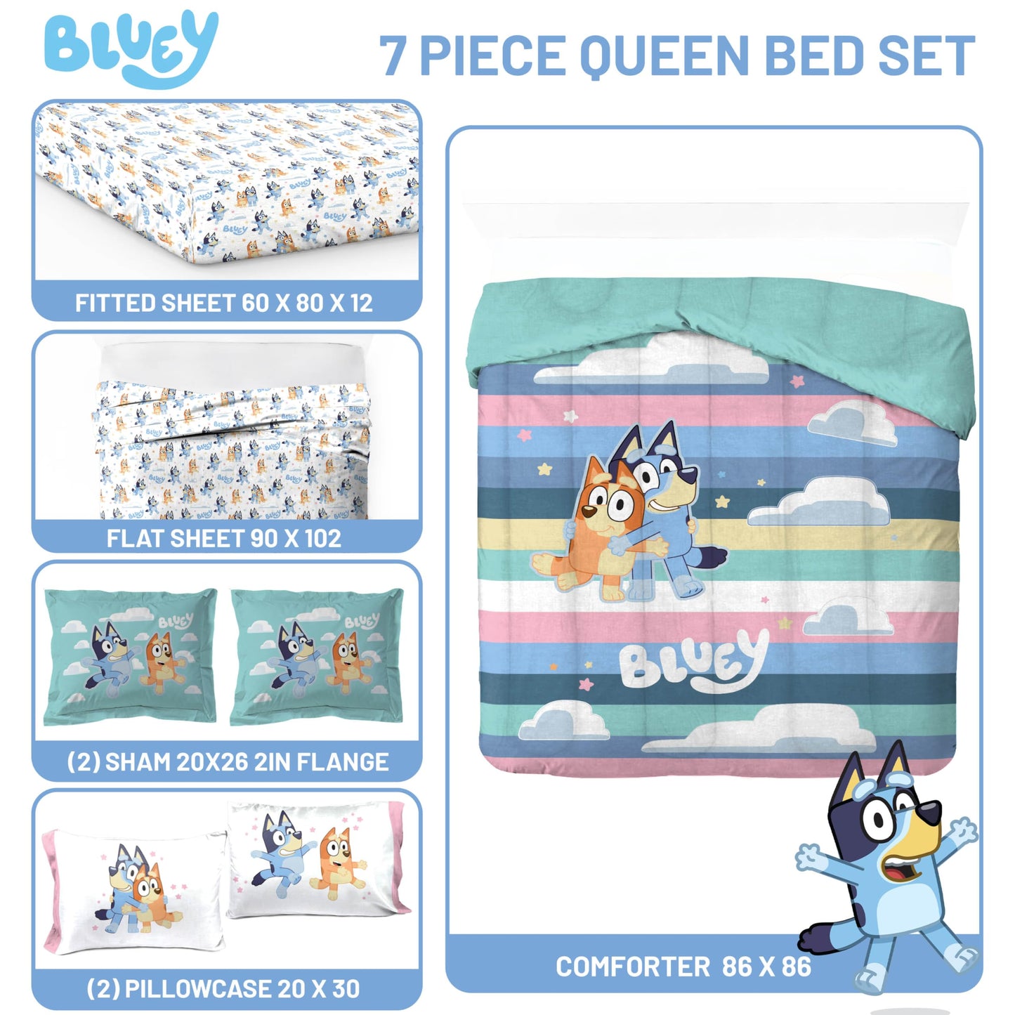 Jay Franco Kids Bed Set, Multi, Bluey, 7 Piece Queen