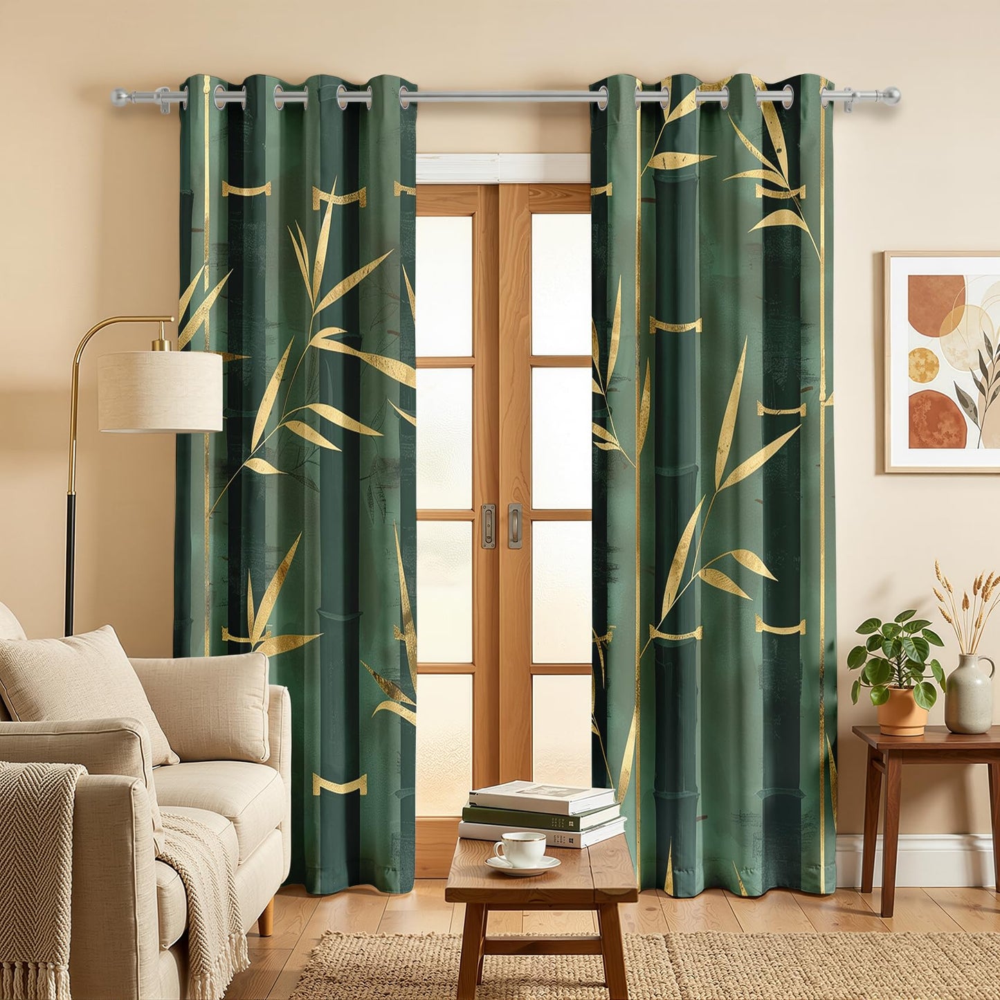 Mistwalk Gold and Green Bamboo Blackout Curtains for Bedroom & Living Room, 45 Inch Curtains 2 Panel Set, Room Darkening Thermal Insulated Grommet Drapes, Modern Art Zen Patterned Window Treatments