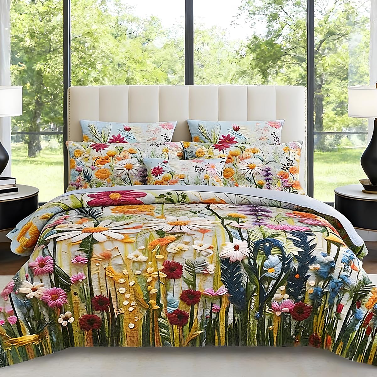 SANOCAY Boho Daisy Floral Quilt Set Queen Size, 3 Piece Lightweight Summer Bedding Set with 2 Pillow Shams, Soft Reversible Microfiber Bedspread, Farmhouse Coverlet for All Season (Daisy, Queen)
