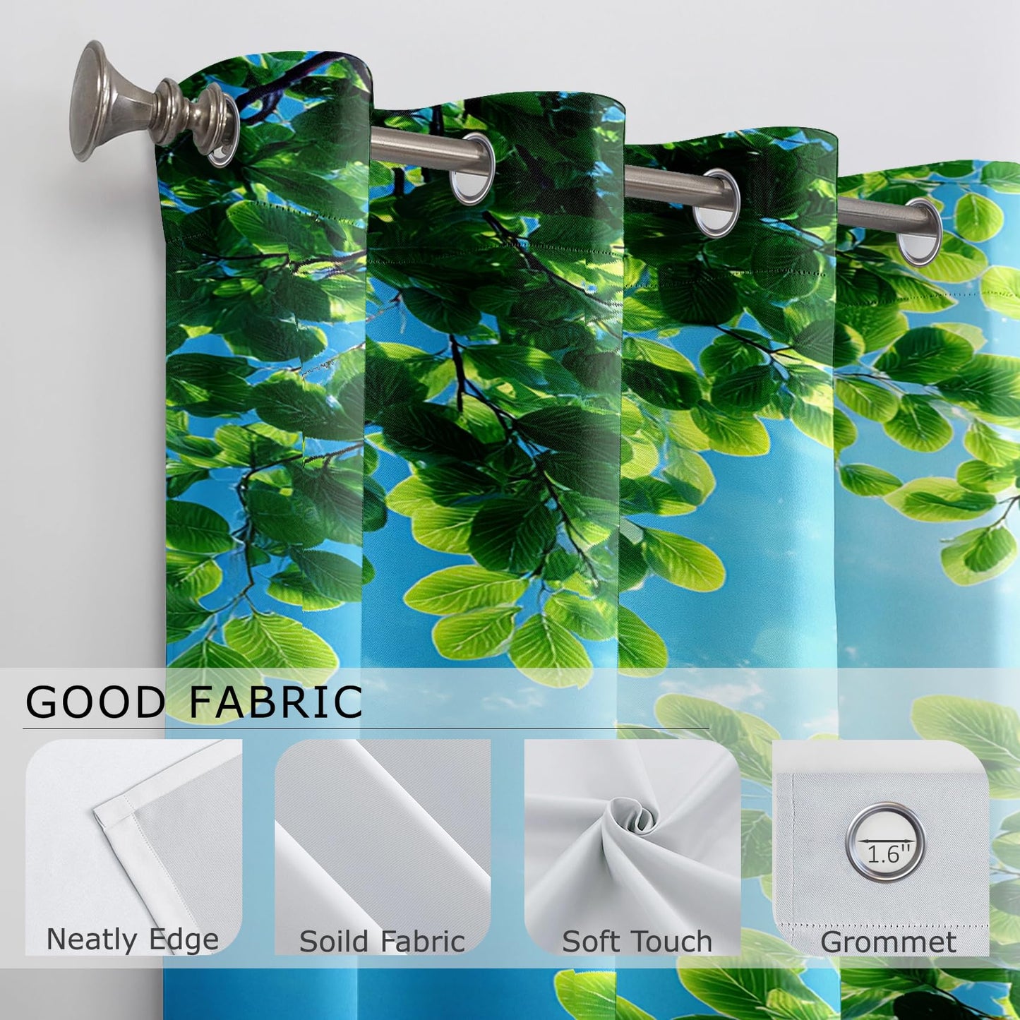 Solvivae Tree Black Out Curtains 63 Inch Long, Blue Sky Green Tree Nature Landscape Curtains for Bedroom Living Room, Room Darkening Thermal Insulated Grommet Drapes, Patterned Window Treatments