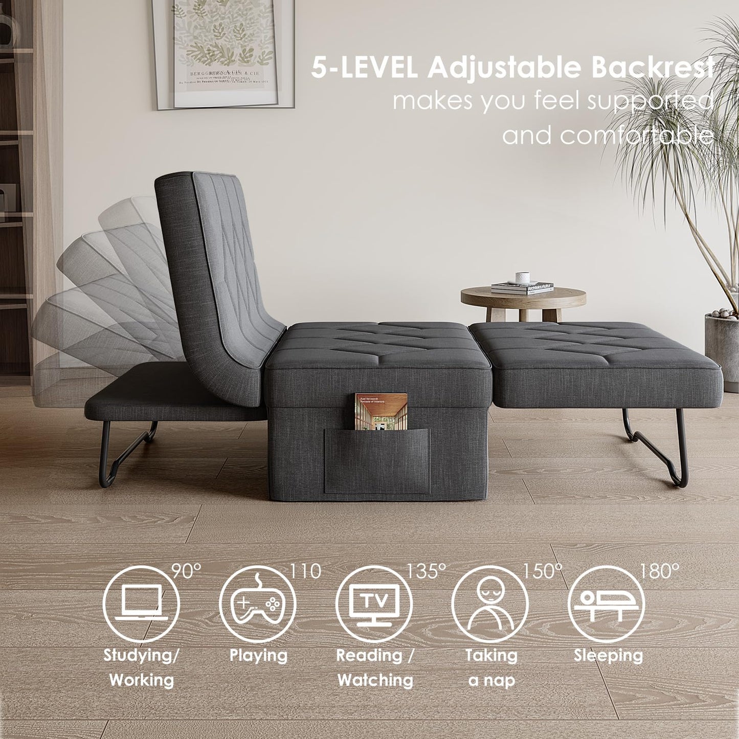 DSNAPE Ottoman Bed with 5-Level Adjustable Backrest, 70" D x 34" W 4-in-1 Convertible Sleeper Chair Bed, Folding Sofa Bed for Living Room, Apartment, Dorm & Small Space, Dark Grey