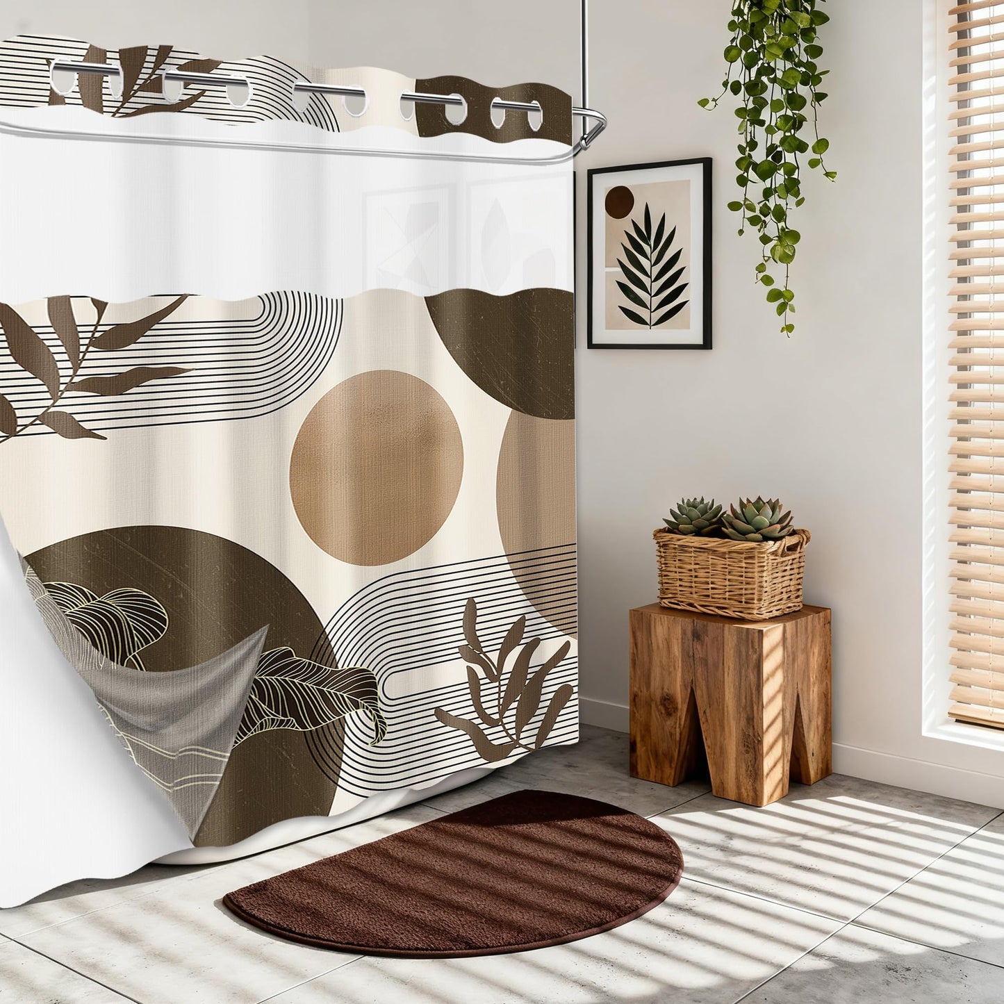 Hookless Shower Curtain with Snap-in Liner, Brown and Beige, 71" W x 74" L