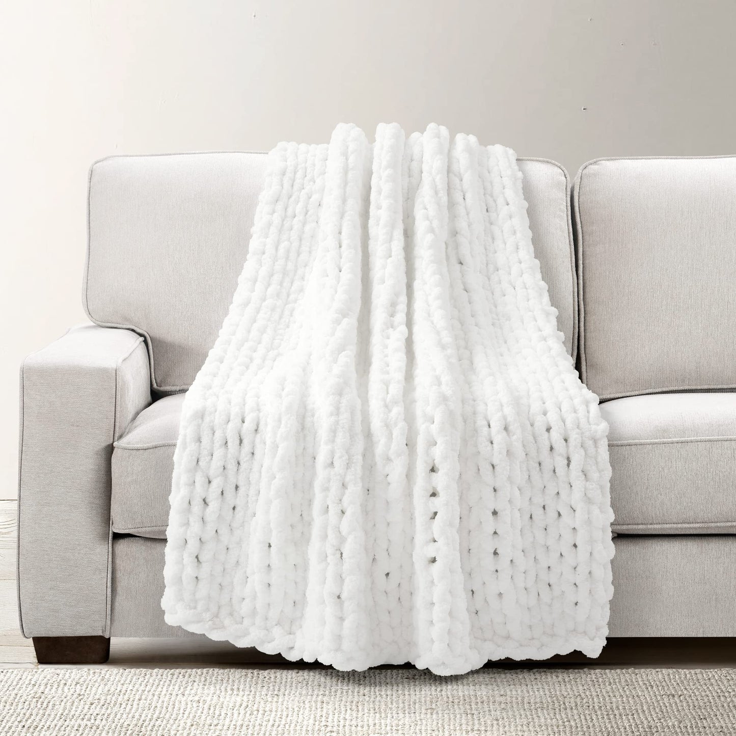 Lush Decor Hygge Ultra Soft Cozy Chenille Chunky Knit Throw Blanket Single 40" W x 72" L White - White Throw Blankets for Bed - Cozy Couch Blanket