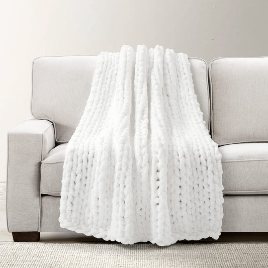 Lush Decor Hygge Ultra Soft Cozy Chenille Chunky Knit Throw Blanket Single 40" W x 72" L White - White Throw Blankets for Bed - Cozy Couch Blanket