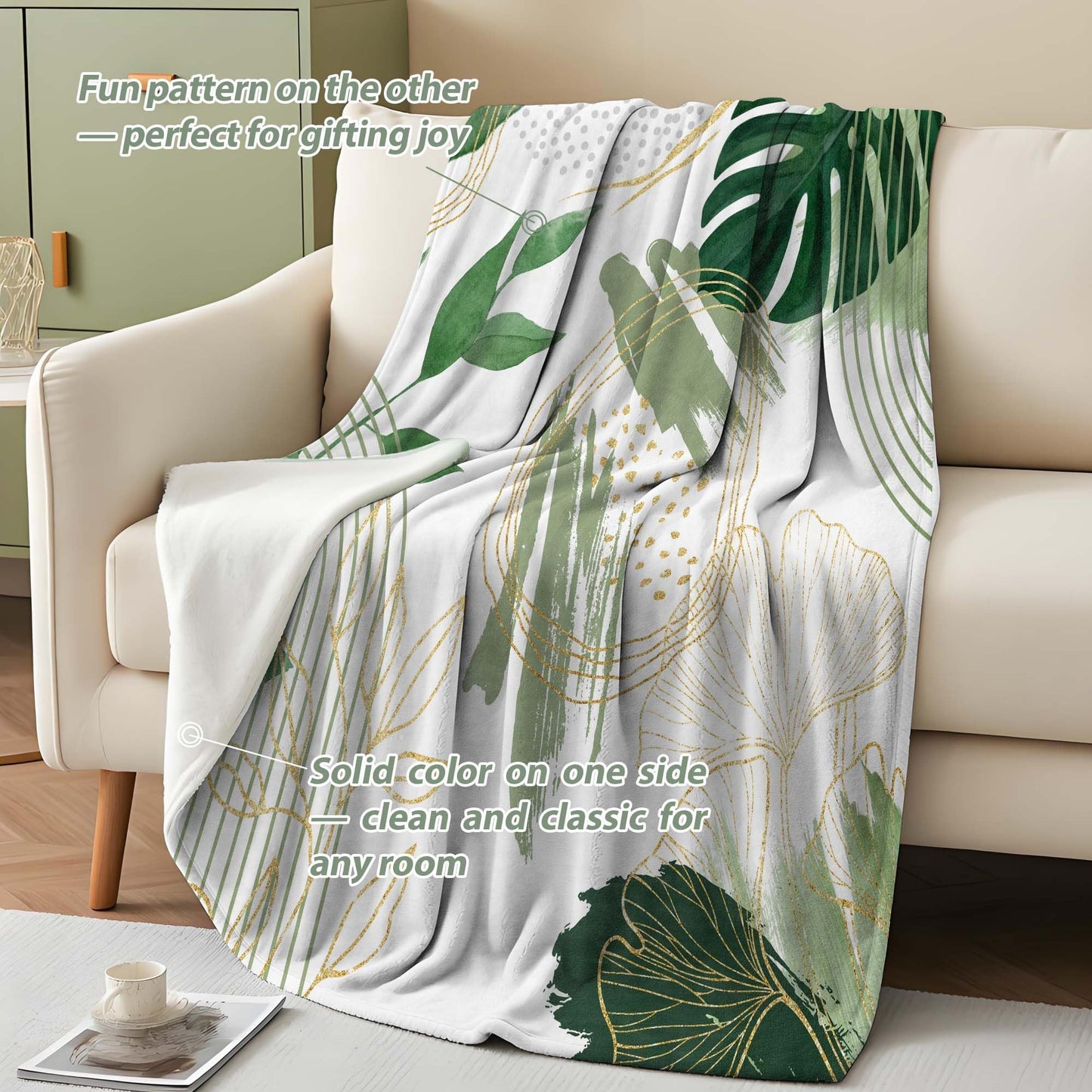 Pdvbiee Sage Green Leaf Throw Blanket, 50x60 in