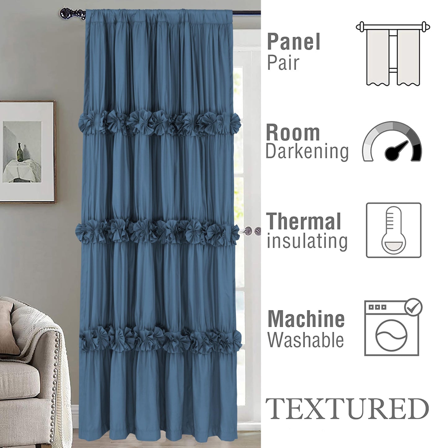 Homechoice Decor Thermal Insulated Blackout Window Curtains, 54" W x 84" L x 2 Panels, Boho Ruched Window Treatments with 3 Rows of Butterfly Flowers, Rustic Rod Pocket Drapes, Dusty Blue (LQ-30)