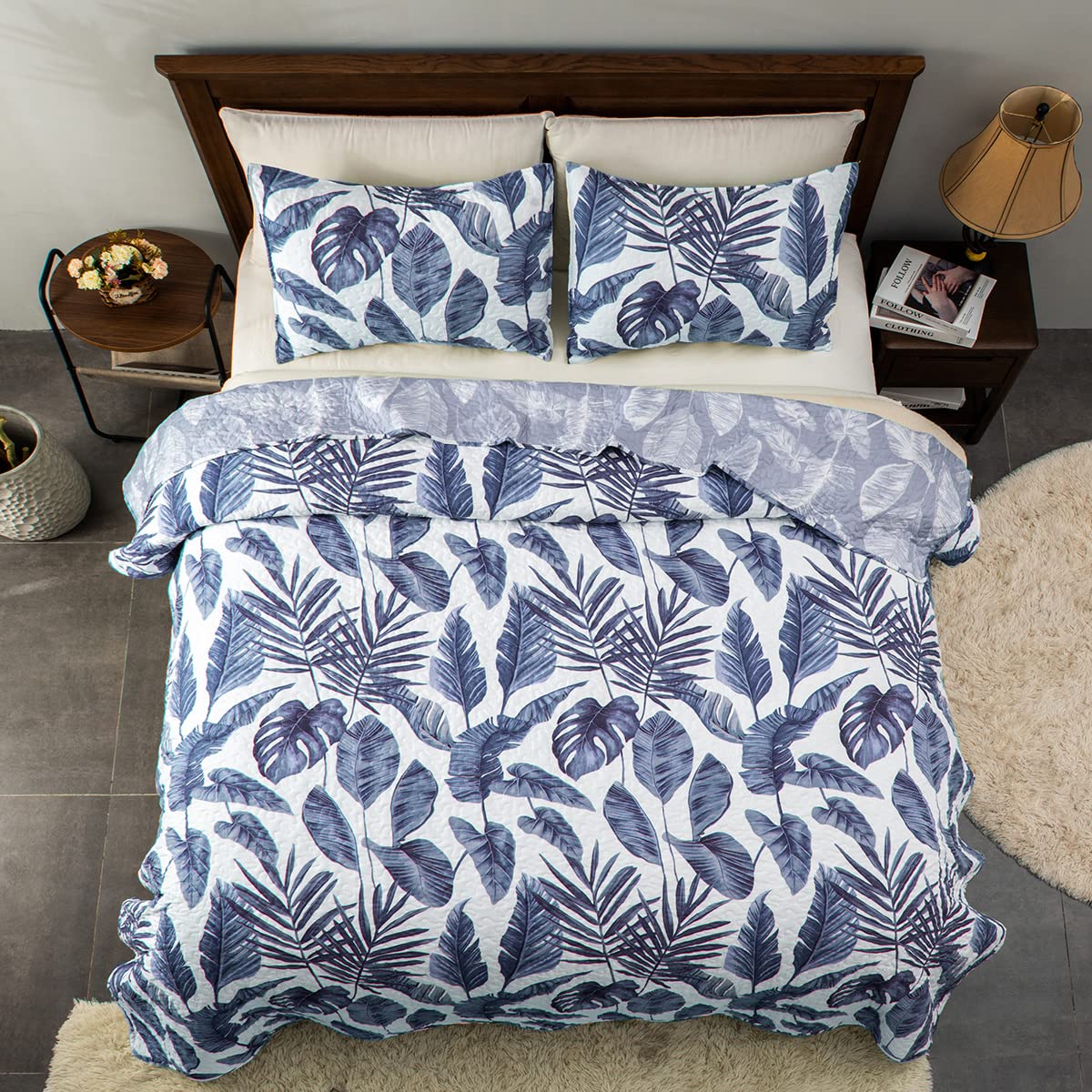 HORIMOTE HOME Tropical Plants Quilt Set Queen Size 3 Pieces, Blue Palm Leaves Rainforest Style Fine Printed Reversible Bedspreads Bedding Sets, Soft and Lightweight Bed Coverlet for All Season