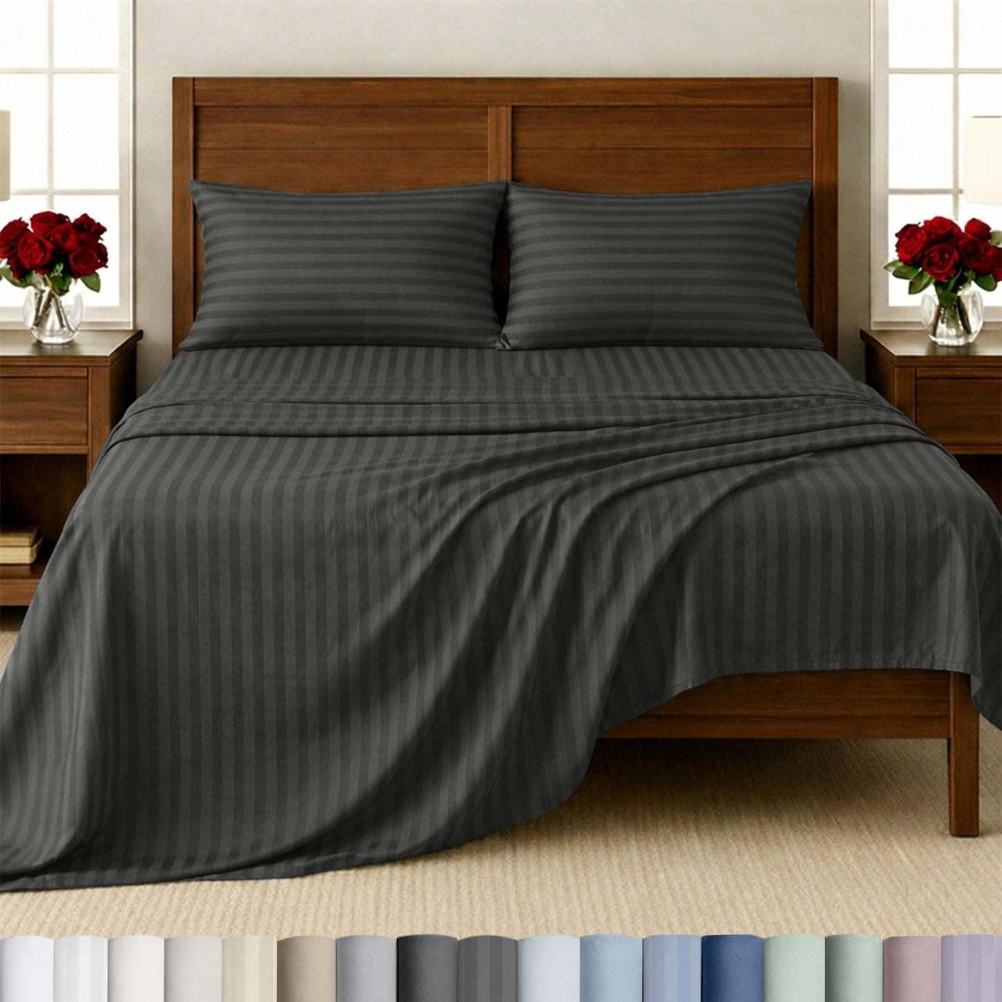 California Design Den Deep Pocket Queen Sheets Set - Soft 100% Cotton Sheets, 500 Thread Count Sateen, Snug Fit Elastic, Soft Damask Stripe Bedding Set - Stripe Grey