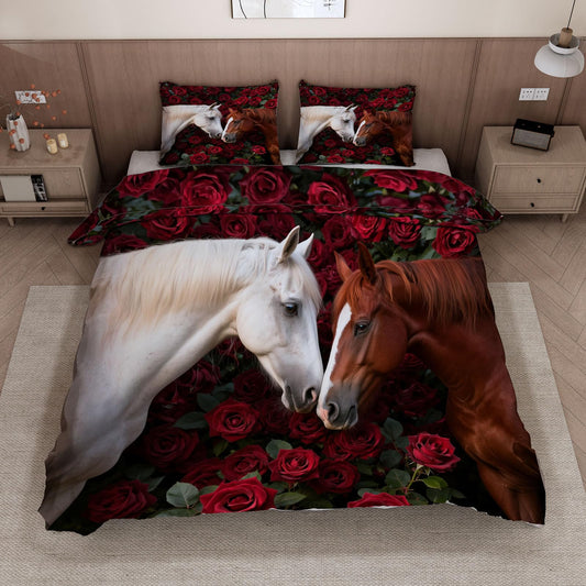 3D Horse Duvet Cover King Size 104x90in Soft Breathable Microfiber Rose Bedding Set Zipper Closure Reversible Comforter Cover 3 Pieces with 2 Pillow Shams (WJT 23-5)