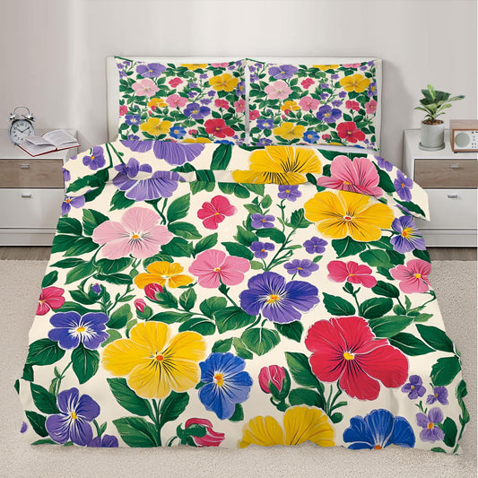 QINYUN Rustic Floral Duvet Cover King Size, Colorful Flowers Tropical Bedding Set 3 Piece Bedroom Decor Boho Floral Comforter Cover and 2 Pillow Sham with Zipper Closure
