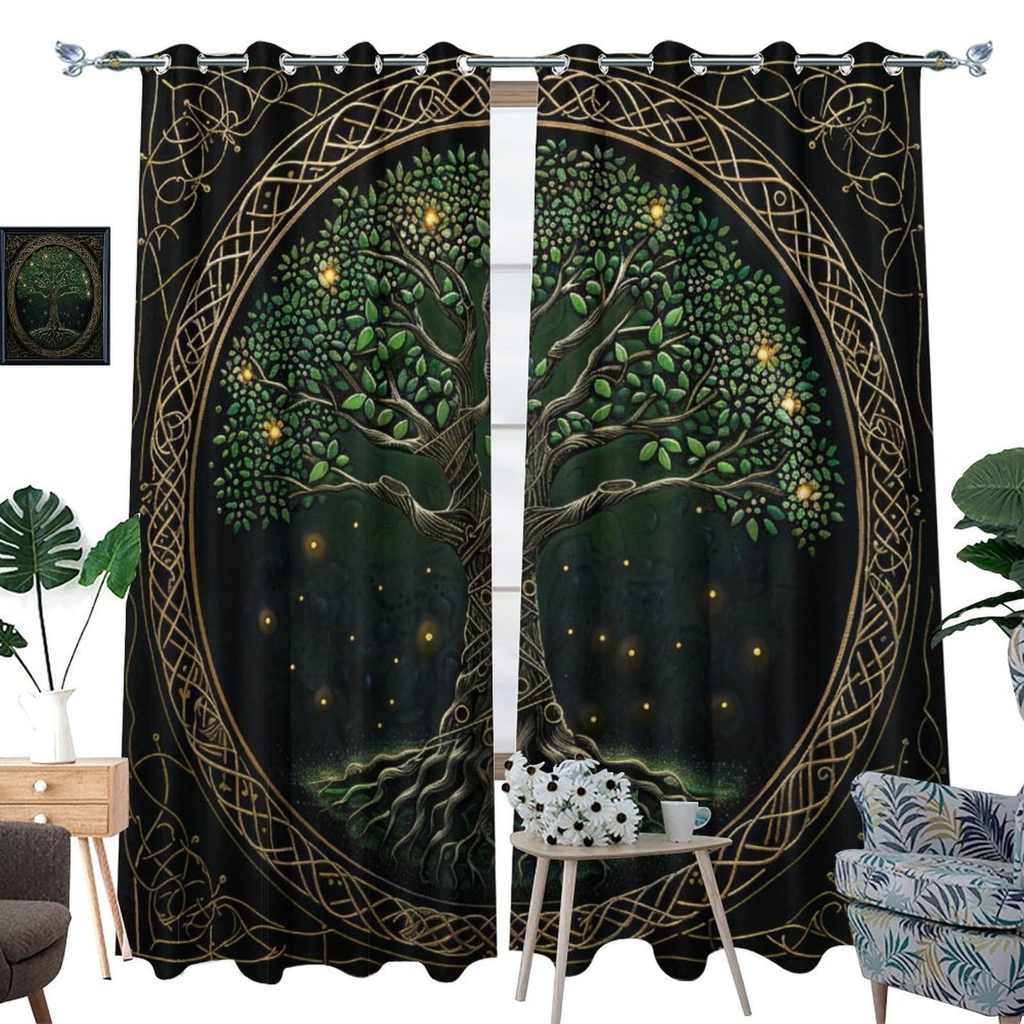 HDESDIS Abstract Tree Plant Curtains for Bedroom, Retro Rustic Floral Star Landscape Grommet Blackout Curtains Thermal Insulated Window Drapes for Living Room, 21W x 45L, 2 Panels