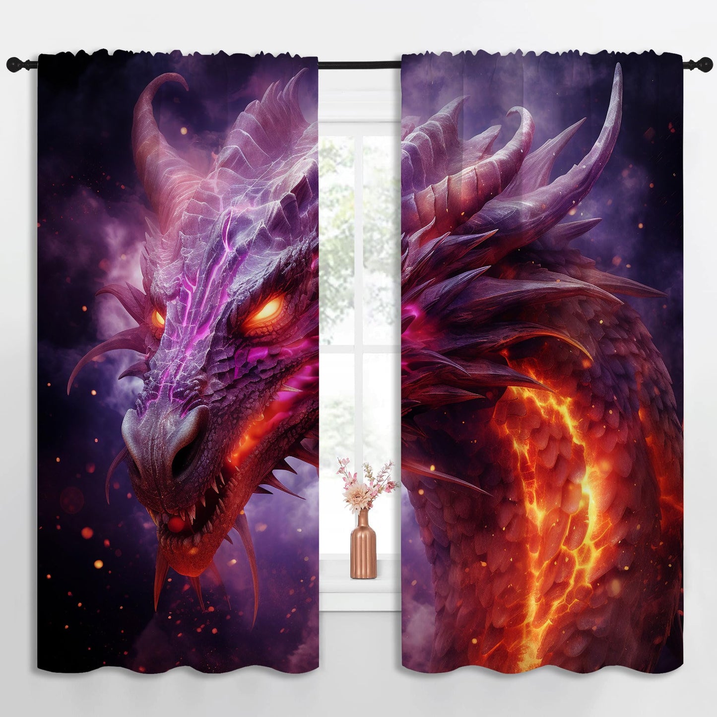 PYMATYTN Fire Dragon Blackout Curtains for Boys Girl Bedroom Decor,Fantasy Creature Abstract Art Thermal Insulated Rod Pocket Drapes Darkening Window Curtain for Living Room Home 55x63 inch