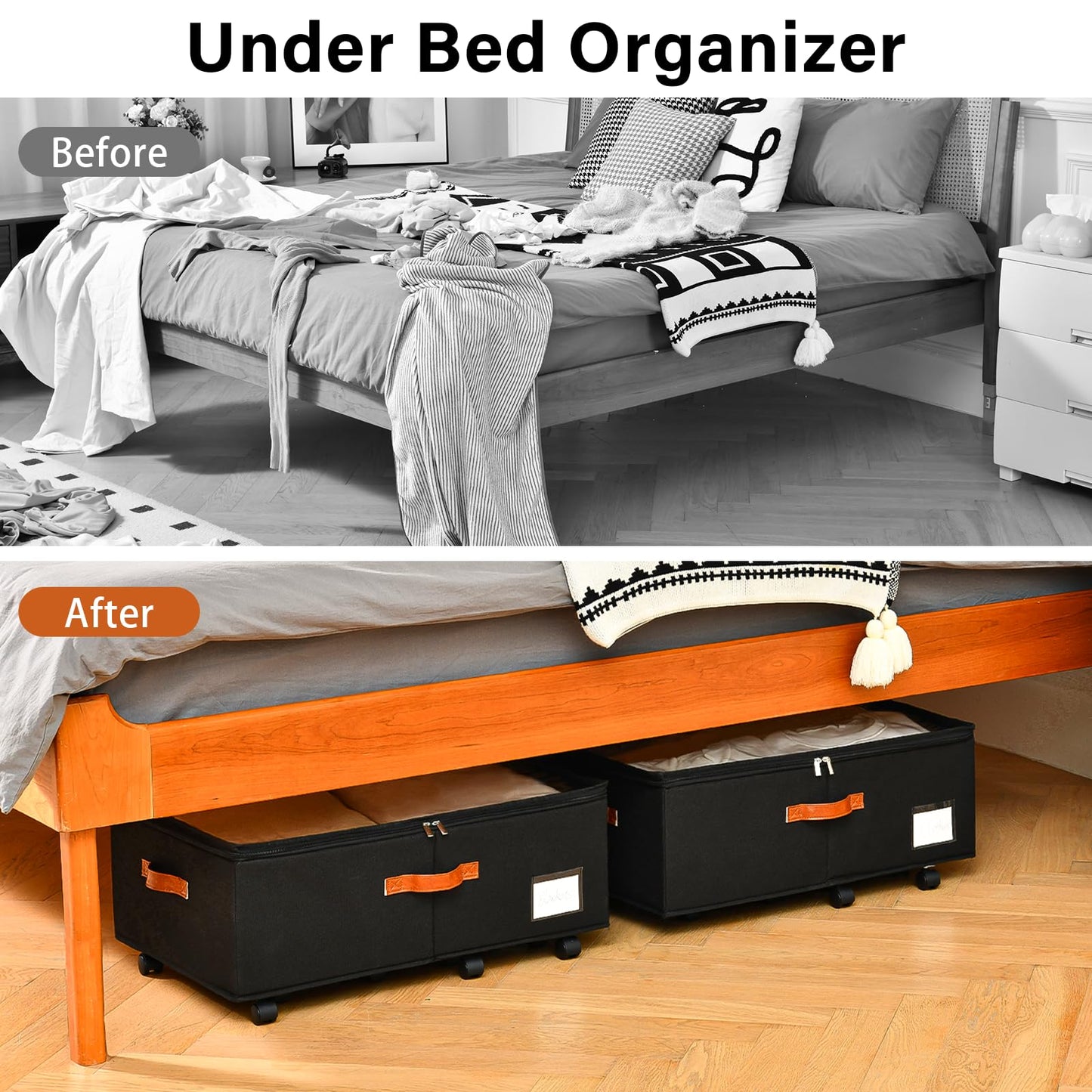Freebat Under Bed Storage Organizer with Wheels 2 Pack, 10 inches Height Underbed Container with Clear Lid Cover, Storage Bag Box with Visiable Window for Clothes, Bedsheet, Pillow