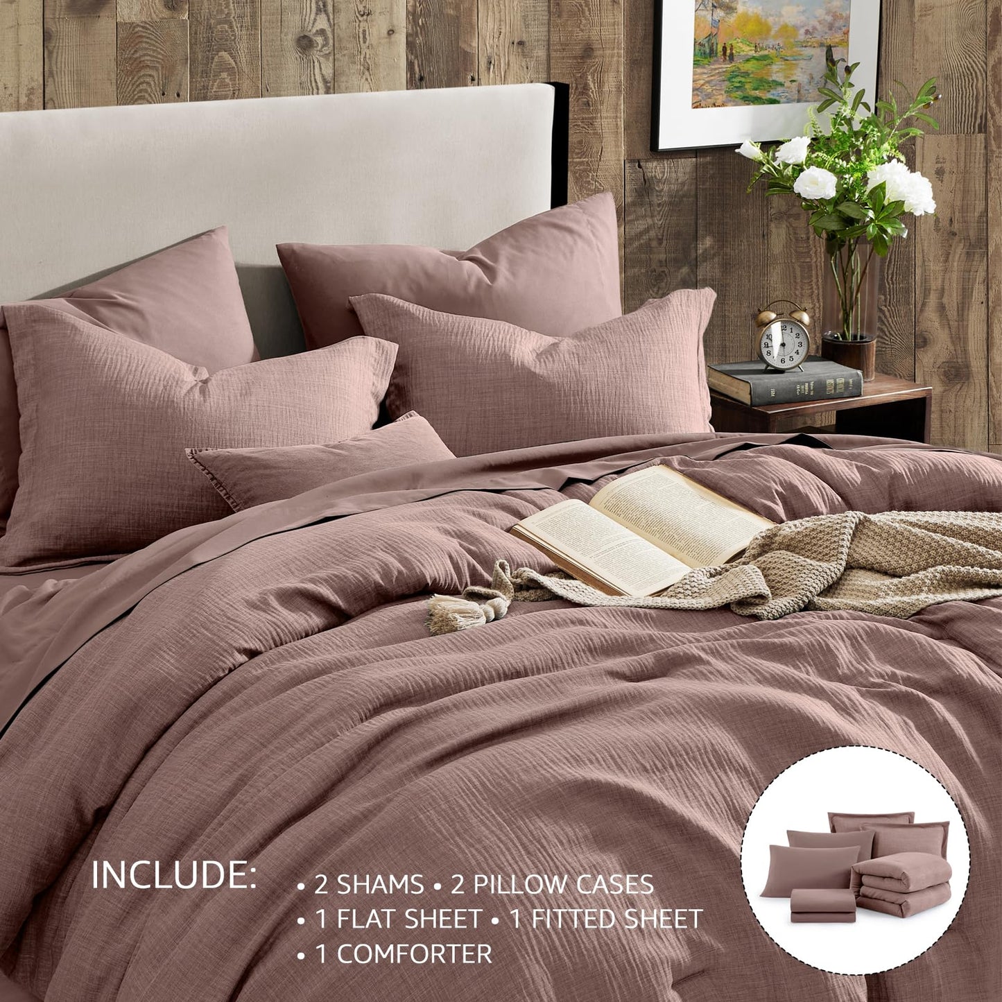 Geniospin Queen Comforter Set - 7 Pieces Comforter Queen Size, Soft Solid Bedding Set for All Season, Textured Bed in a Bag with Sheets, Pillowcases & Shams (Misty Rose, 90''x90'')