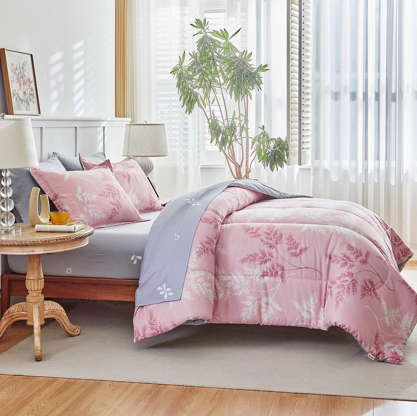 AIKASY Pink Queen Comforter Set with Sheets,Bed in a Bag 7-Pieces,Palm Tree Totem Printing Design,Ultra Soft Down Alternative All Season Bedding Set(Queen, Pink)