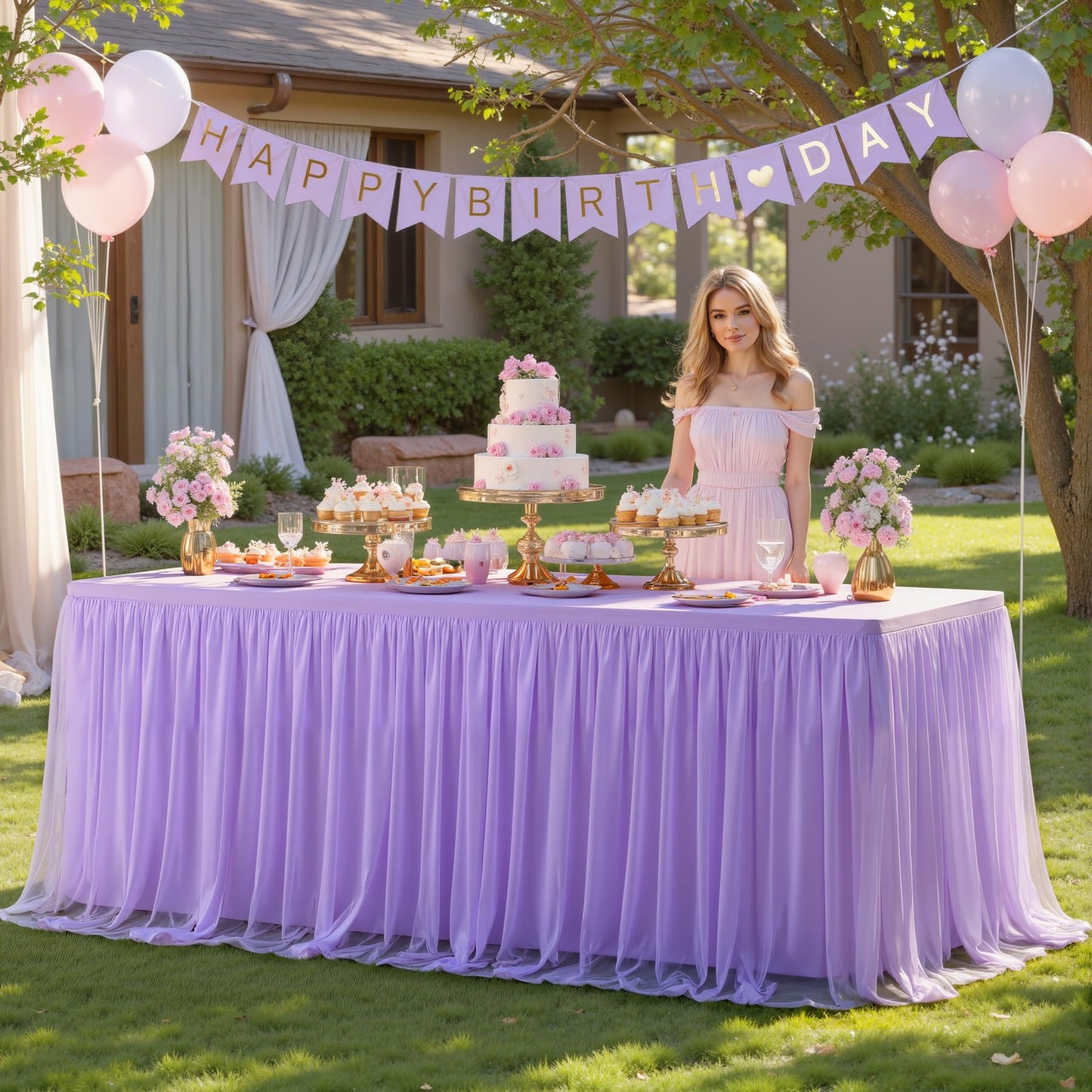 Suppromo 4 Pack 6ft Lavender Tulle Tablecloths for Rectangle Tables, 6 Foot Rectangular Table Cloth Wrinkle Free Table Cover with Tutu Skirt for Wedding Baby Shower Birthday Party Banquet Buffet Cake