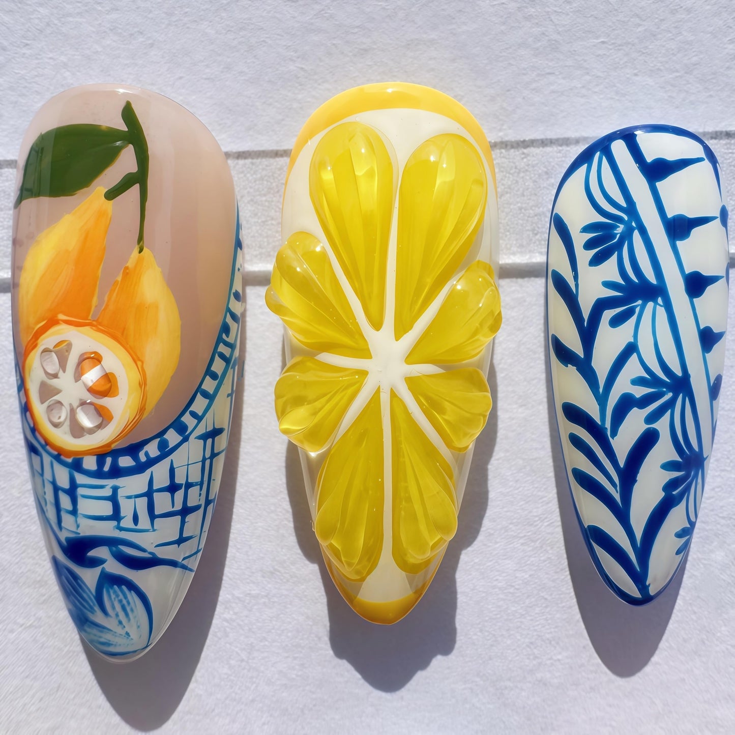 Handcrafted Press On Nails Italian Vacation Style Lemon & Blue Ceramic Pattern 100% Handmade Realistic Artistic Fake Nails With Adhesive Glue Tabs And Tool Gifts For Women (Hand-Painted Lemon,Long M)