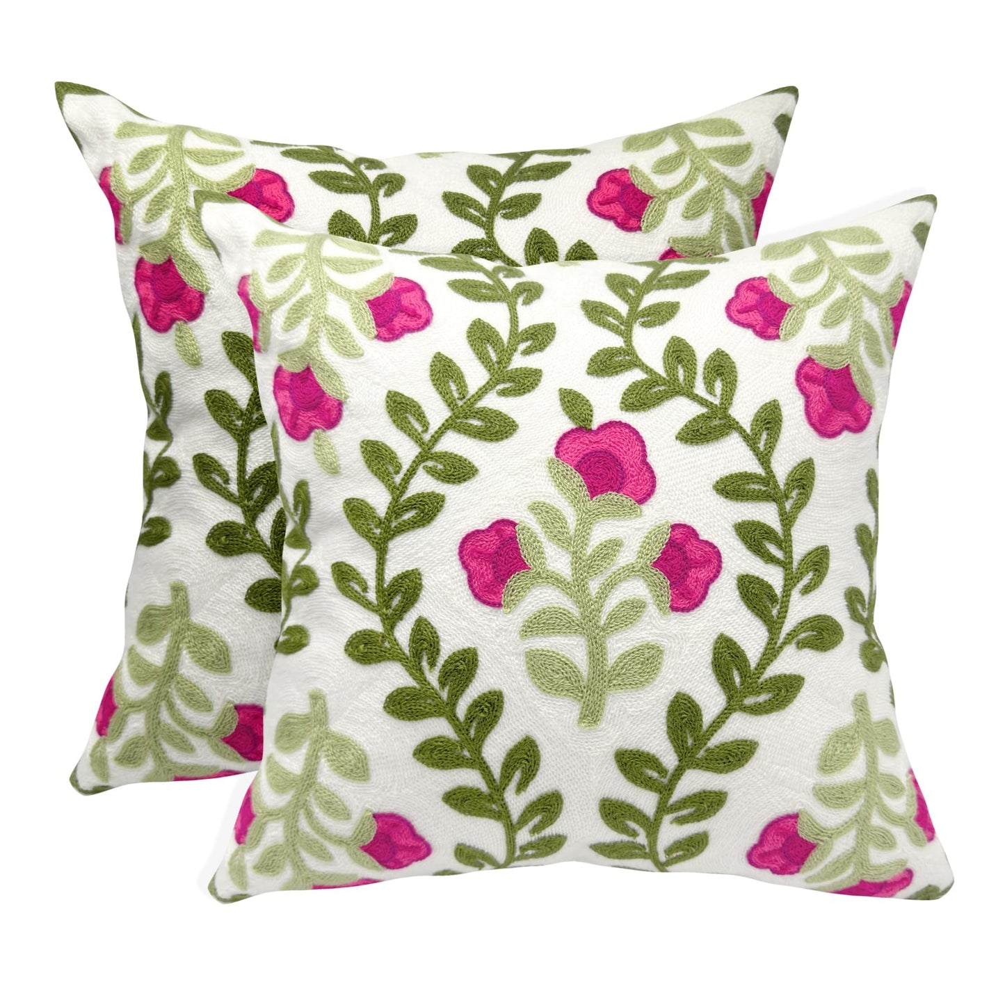 Alysheer Summer Decorative Throw Pillow Covers 18"x 18" Set of 2, Floral Embroidered Farmhouse Hot Pink Flowers Green Vine Patterned Cotton Canvas Cushion Case for Sofa Couch Bed Living Room Decor