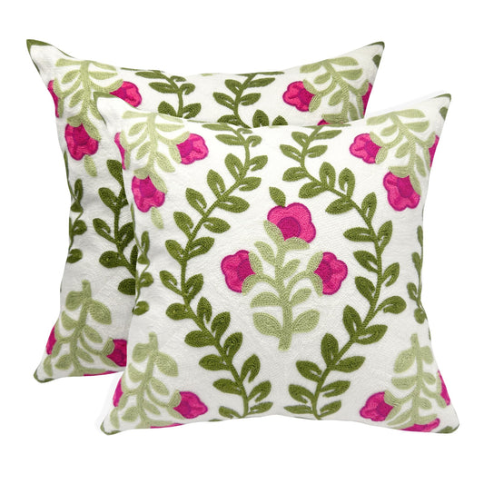 Alysheer Summer Decorative Throw Pillow Covers 18"x 18" Set of 2, Floral Embroidered Farmhouse Hot Pink Flowers Green Vine Patterned Cotton Canvas Cushion Case for Sofa Couch Bed Living Room Decor