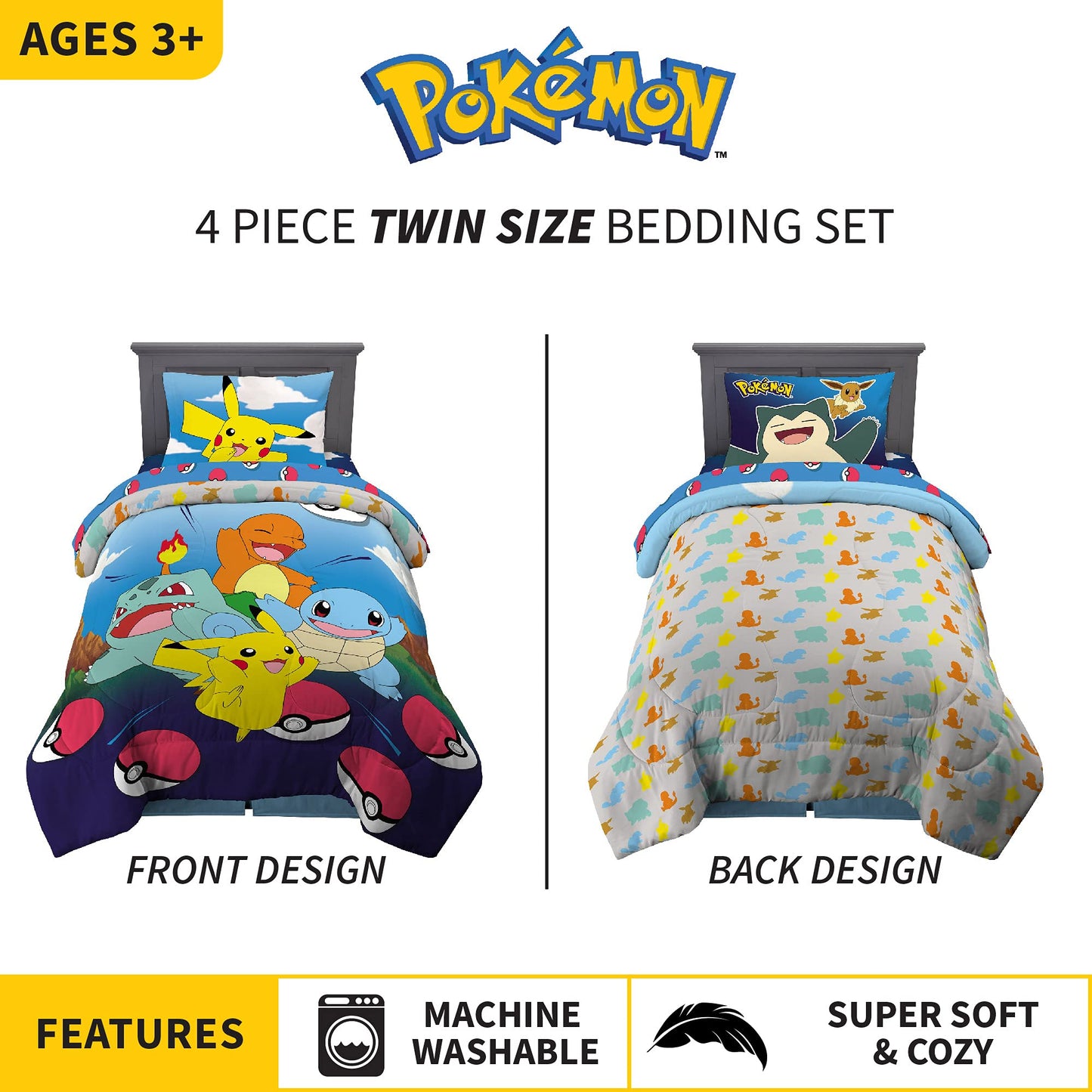 Franco Kids Bedding Super Soft Comforter and Sheet Set, 4 Piece Twin Size, Pokemon (Prints May vary)