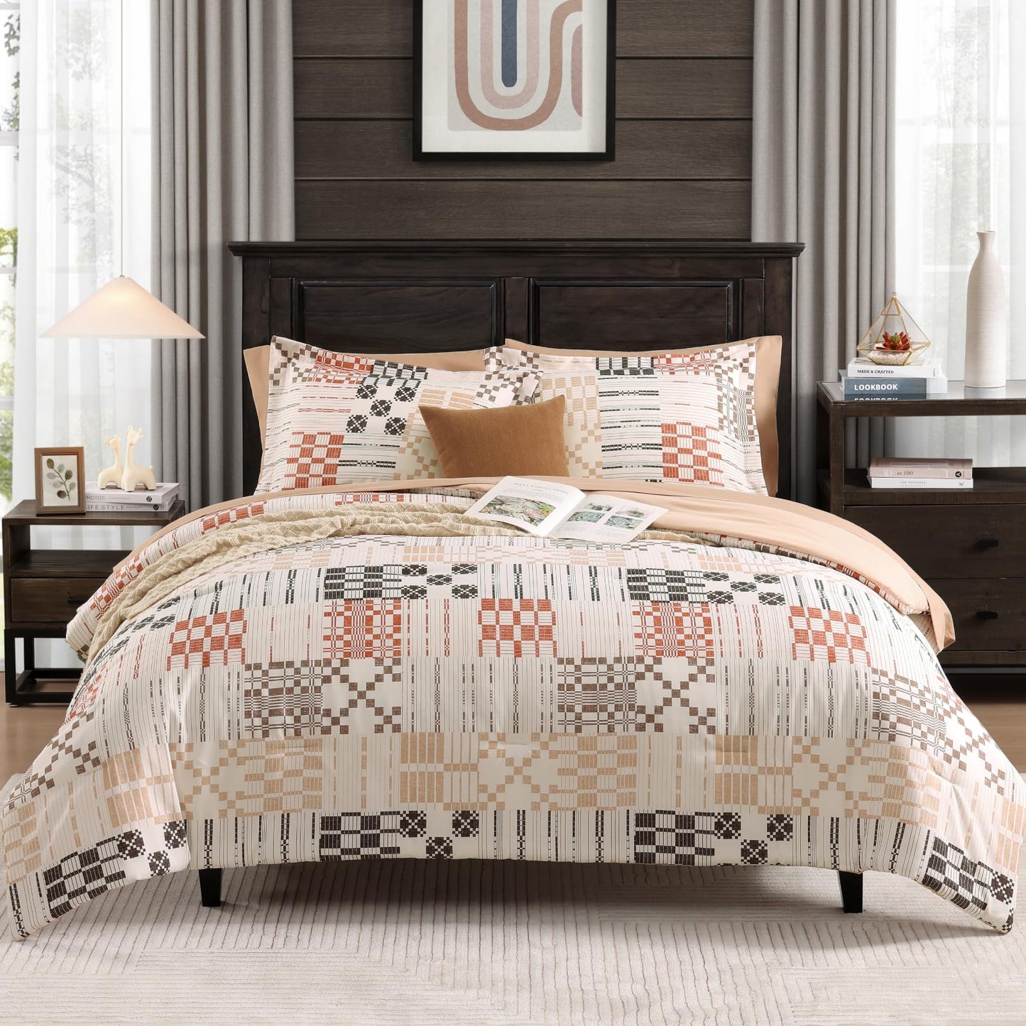 MaiRêve Queen Comforter Set, Classic Plaid Farmhouse Bedding Sets 7 Pieces, Beige All Season Bed in A Bag with Sheets, Pillowcases & Shams