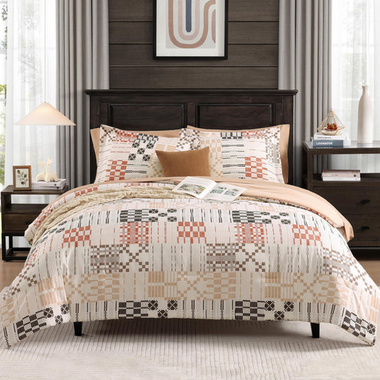 MaiRêve Queen Comforter Set, Classic Plaid Farmhouse Bedding Sets 7 Pieces, Beige All Season Bed in A Bag with Sheets, Pillowcases & Shams