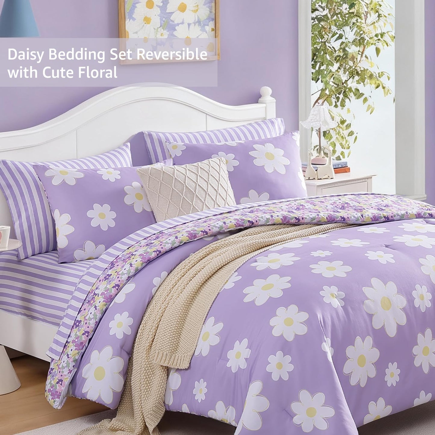 AMBERSPACE Twin XL Comforter Set for Girls, Purple Daisy Kids Bedding Set Reversible with Cute Floral, All Season Bed in a Bag Dorm 5 Pieces with Sheets, Pillowcase & Sham