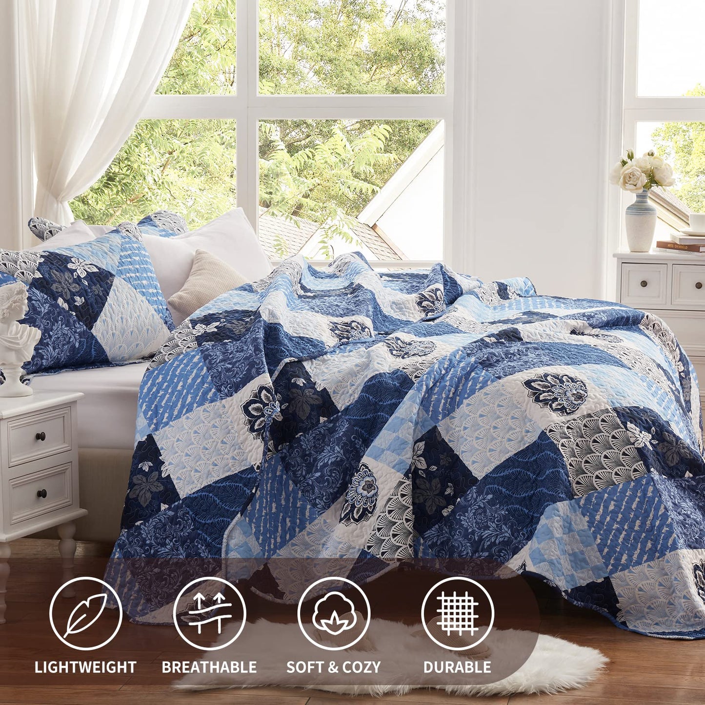 Full/Queen Size Quilt Set 3 Pieces Lightweight Reversible Bedspread-90''x98'' Soft Patchwork Floral Coverlet Luxurious Warm Microfiber Bed Cover All Seasons Blue Bedding Set(1 Quilt,2 Pillow Shams)