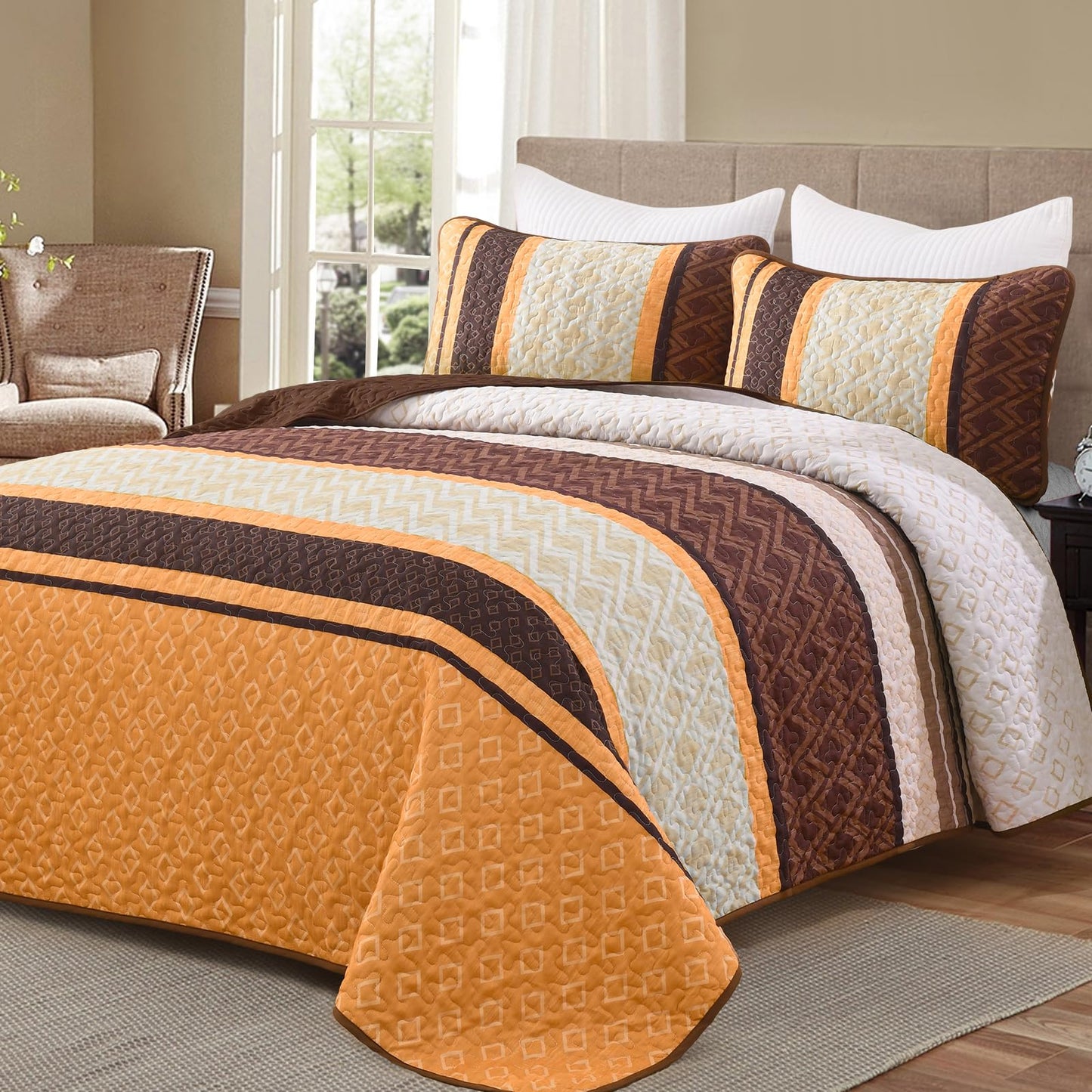 Dinjoy Boho Queen Quilt Set, Soft 3 Pieces Striped Bedspreads, Fall Orange Bedding Sets Micofiber Lightweight Quilts with 2 Pillow Shams Coverlet Bed Sets for Women Men 96''x90''