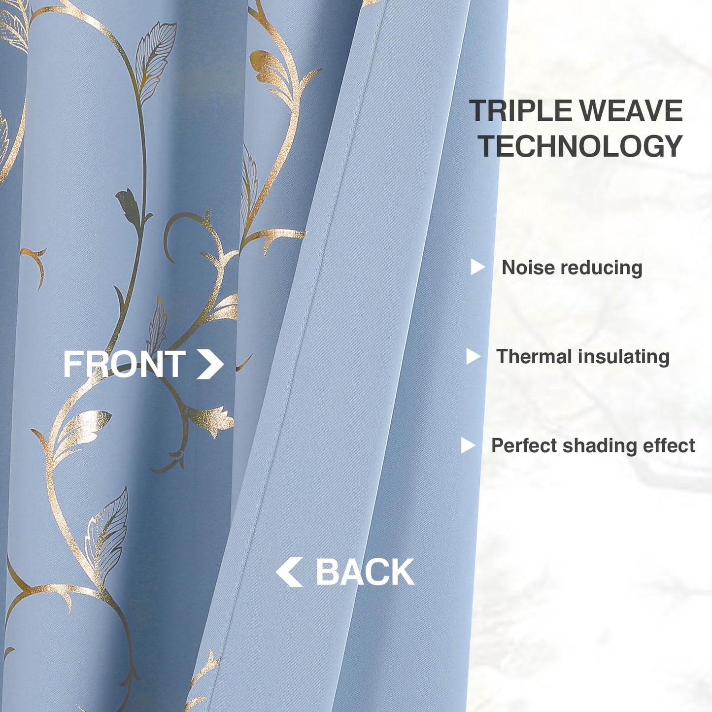BUHUA Blackout Curtains Gold Foil Print Flower Vine Grommet Drapes, Room Darkening Thermal Insulated Curtains, Noise Reducing Blackout Curtain for Bedroom, Blue, 52Wx84L, 2 Panels