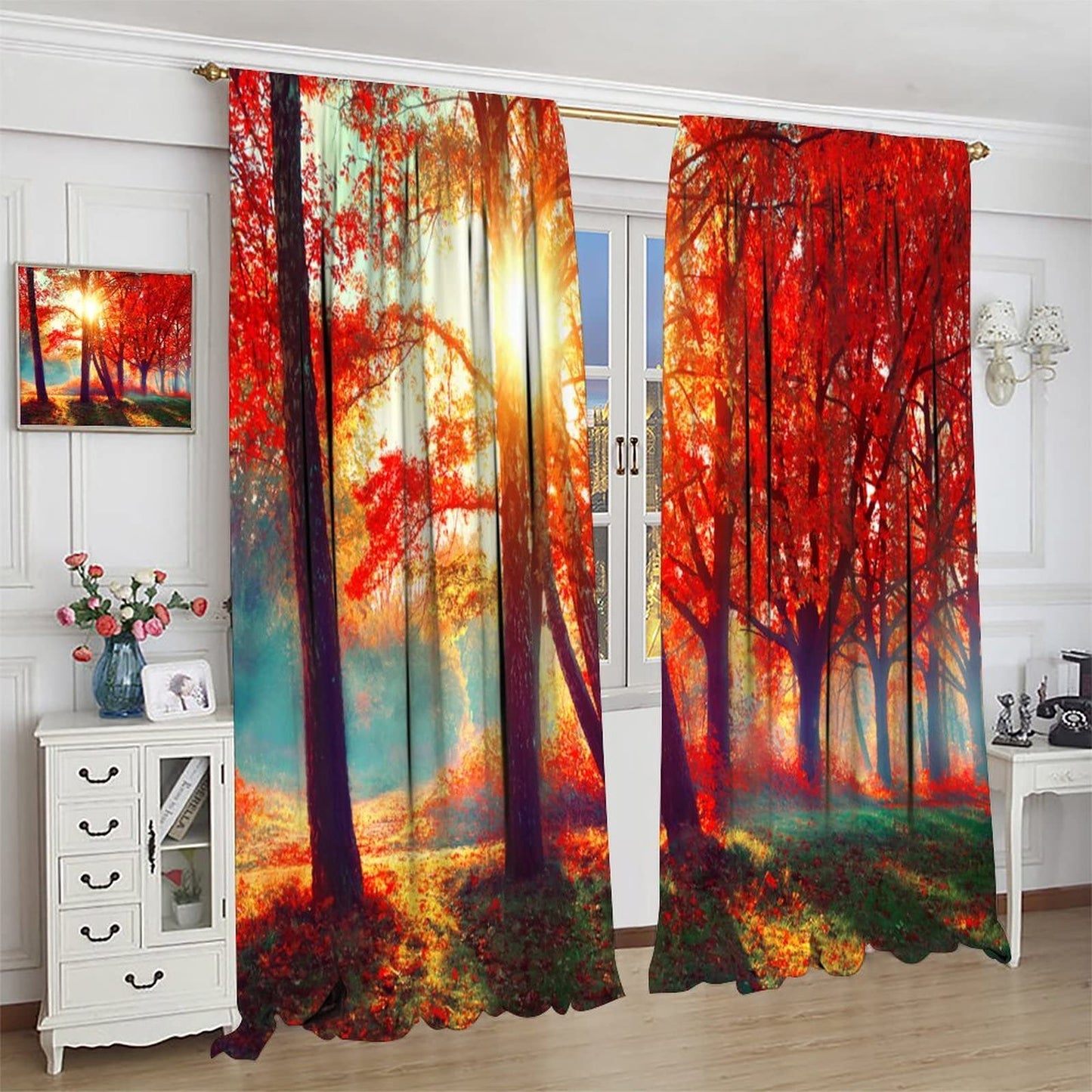 Tree Curtains - Autumn Foggy Park Autumn Nature Scenery Forest Maple Tree Sunshine, Living Room Bedroom Kitchen Decorative Curtains 2 Sets Panel, 42x45 Inch. Orange Yellow