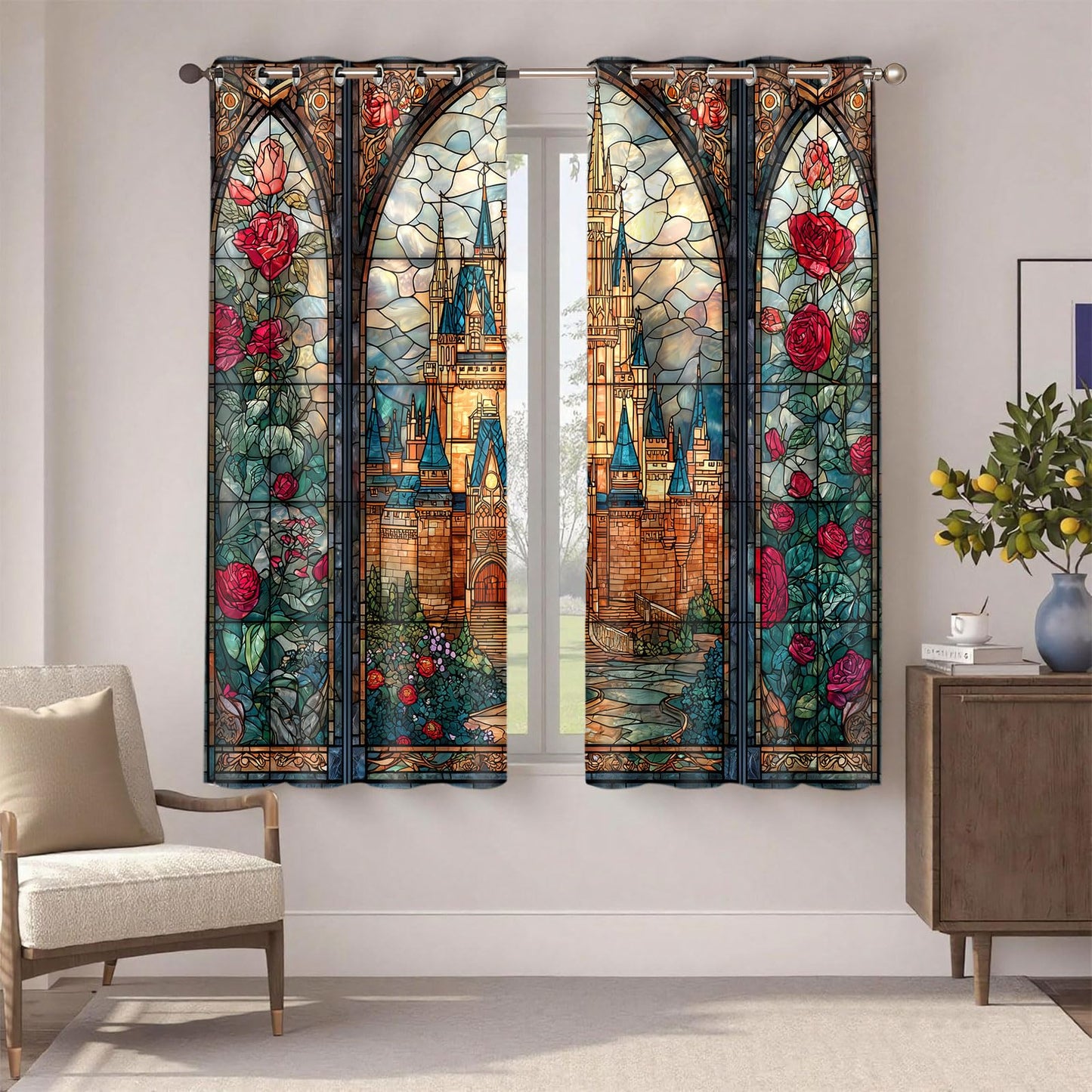 HIYSMT Retro Stained Glass Castle Curtains,4263inch Fairytale Princess Rose Blackout Curtain,Nordic Arched Window Printed Drapes for Girls Women Bedrooms Living Room 2Panels HILC039