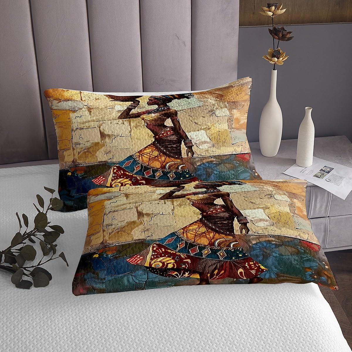 Homewish African Woman Bedding Sets King Size,Retro Graffiti Art Bedspread 3Pcs for Kids Girls Boys Adult Room Decor,Traditional Africa Quilt Comforter American Style Coverlet,2 Pillowcases