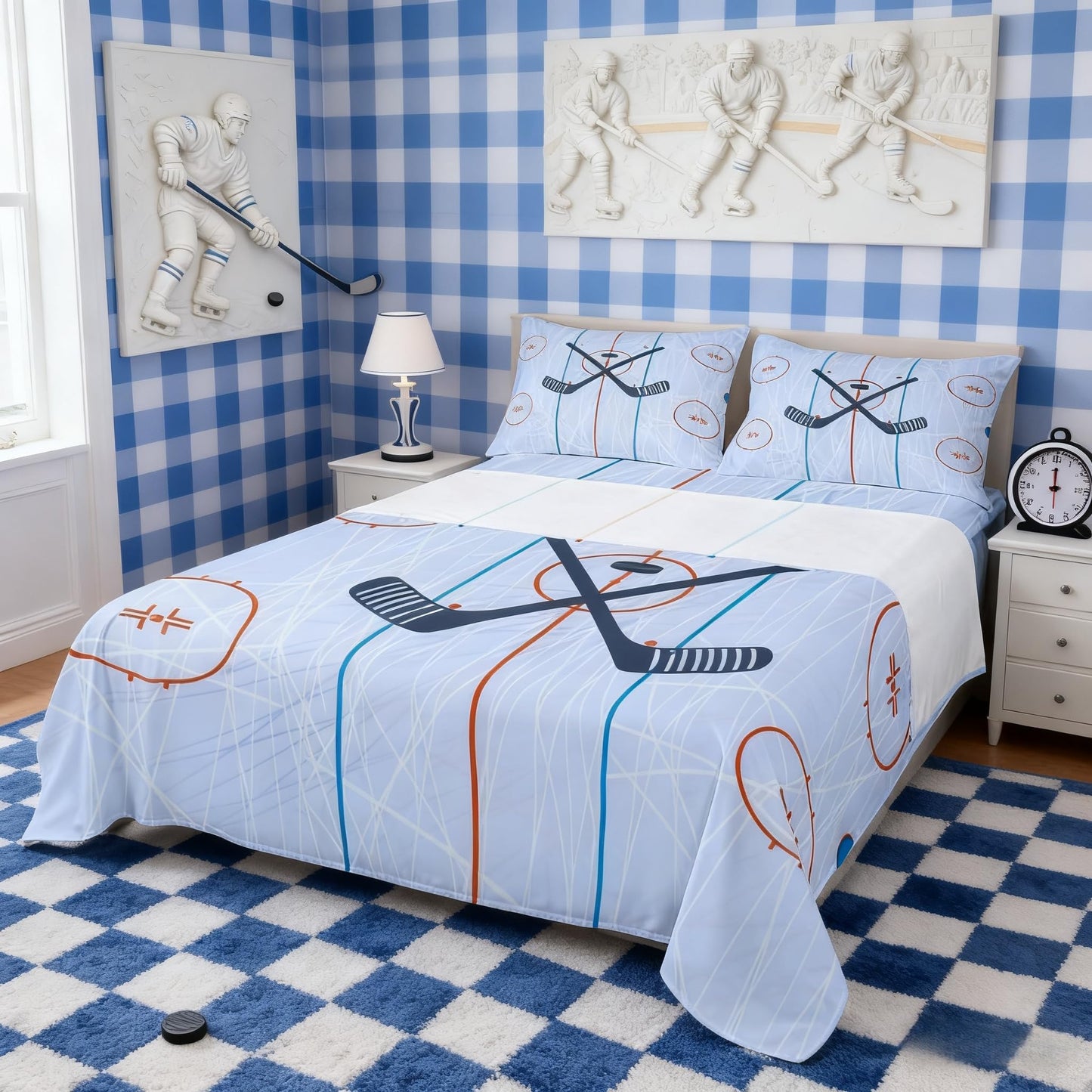 Ice Hockey Kids Sheet Full Size,Hockey Stadium Rink Bedding Set for Boys Girls Adults,Winter Event Ball Games Lovers Modern Stylish Bed Sheet Set 4pcs(Fitted Sheet + Flat Sheet + 2 Pillowcases)