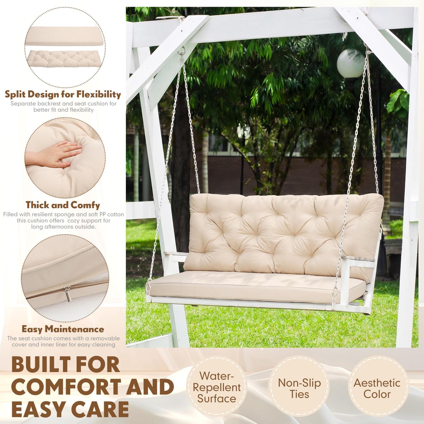 Wenqik 2-3 Seater Porch Swing Cushions with Backrest 60 x 40 x 4 Inch Thick Outdoor Waterproof Bench Pad Patio Swing Replacement Cushion, Split Design, Soft for Garden, Lawn, Backyard (Khaki)