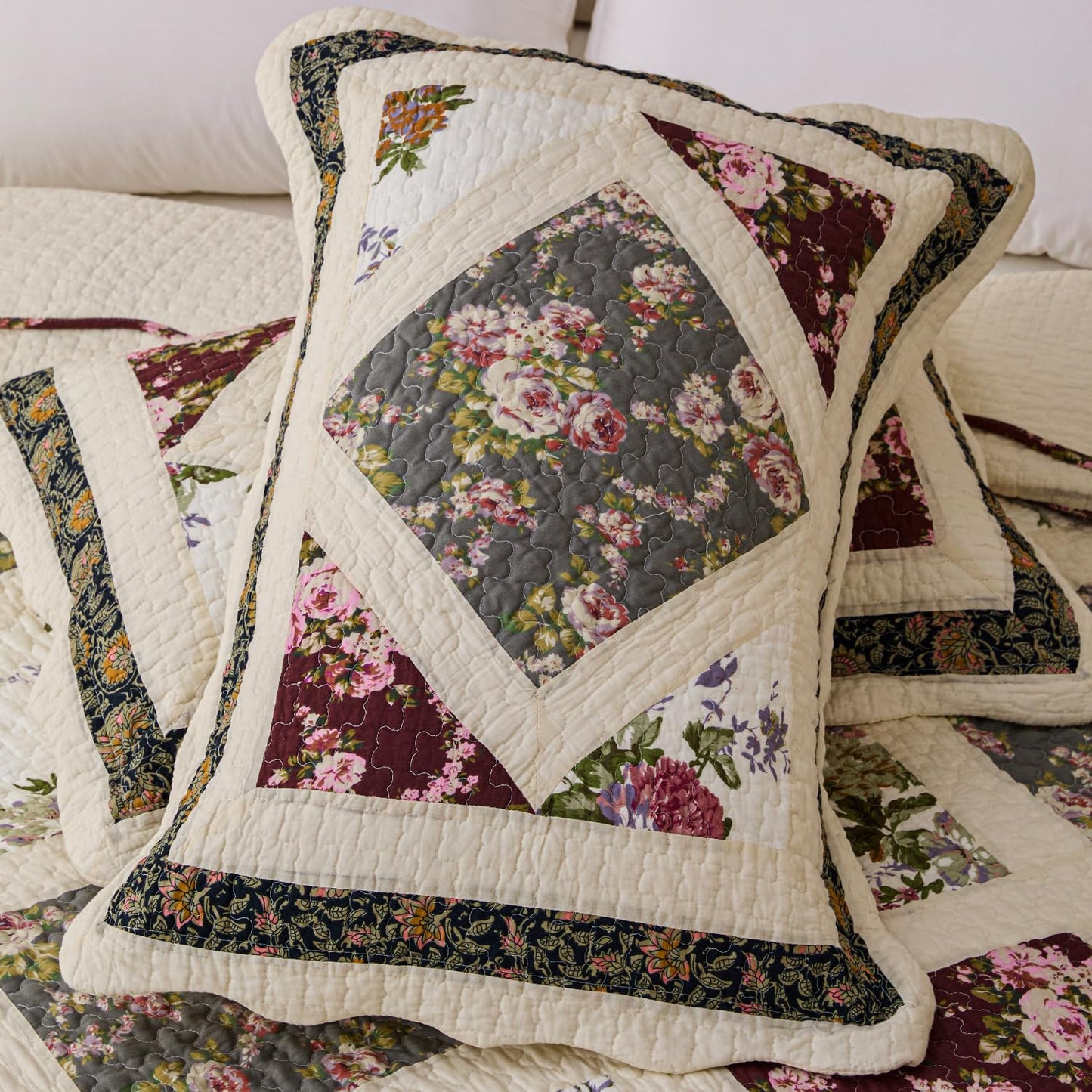 Cmfshape Floral Quilt Sets Bedspread Set 100% Cotton Patchwork Bedding Set,All Season Use Lightweight Reversible Coverlet Quilts with 2 Pillow Shams(Queen 92"x96")