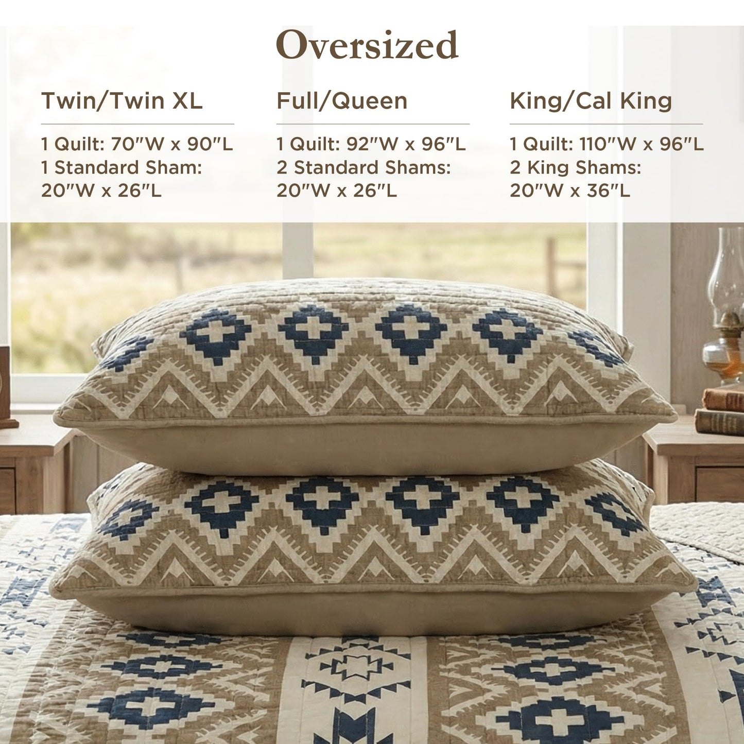 Woolrich Reversible Quilt Cabin Lifestyle Design - All Season, Breathable Coverlet Bedspread Bedding Set, Matching Shams, Oversized Full/Queen, Montana Tribal Tan 3 Piece
