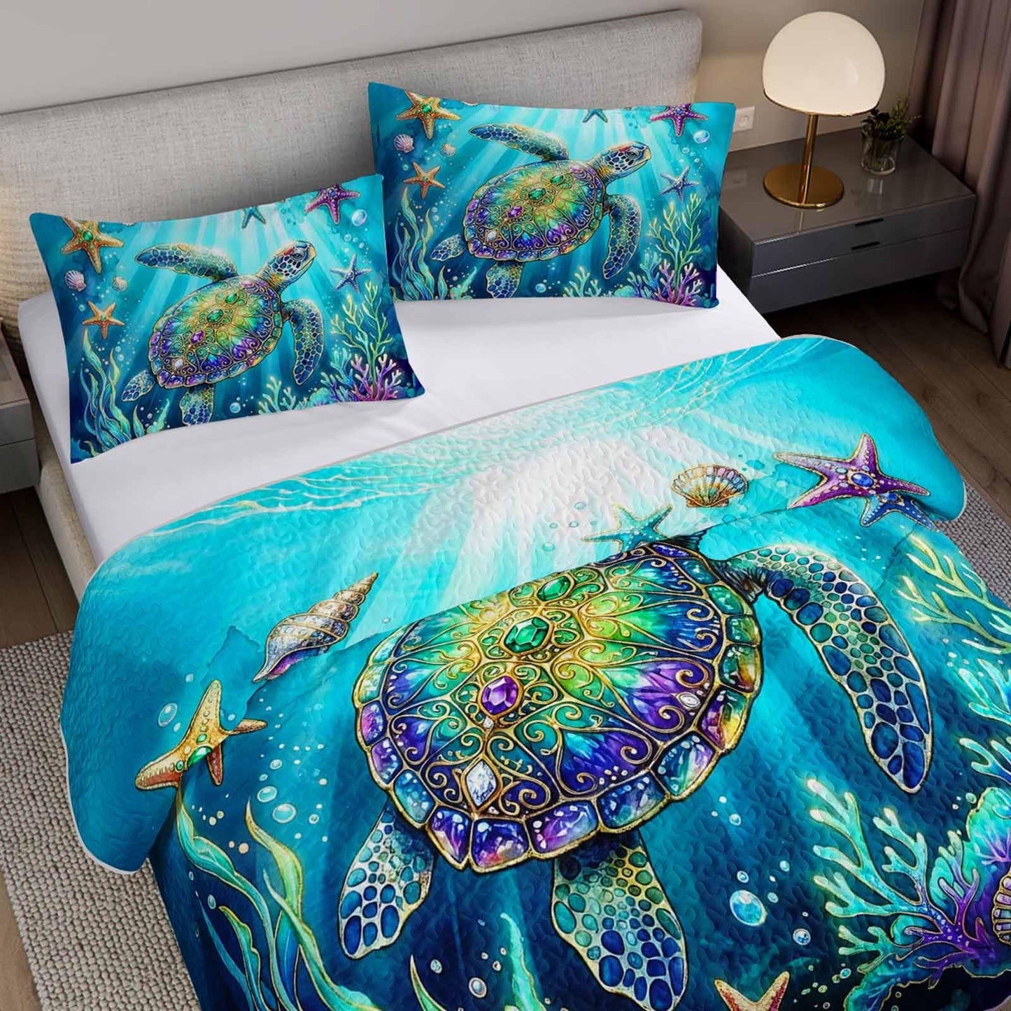 UEVBF Teal Ocean Theme Quilts Set King Size,3Pcs Sea Turtle Coral Shell Bedspread for Kids Adults Girls Boys Room Decor,Soft Lightweight Bedding Sets with 2 Pillowcases.