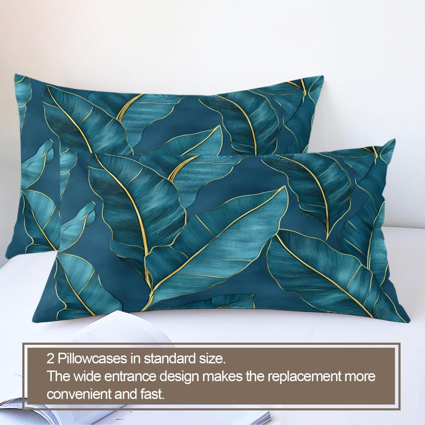 PAISUOQ Tropical Bedding, Blue Leaves Duvet Cover Full, Luxury Botanicals Comforter Cover with Zipper Ties, 3 Pieces with 2 Pillowcases, Home Decor & Gifts
