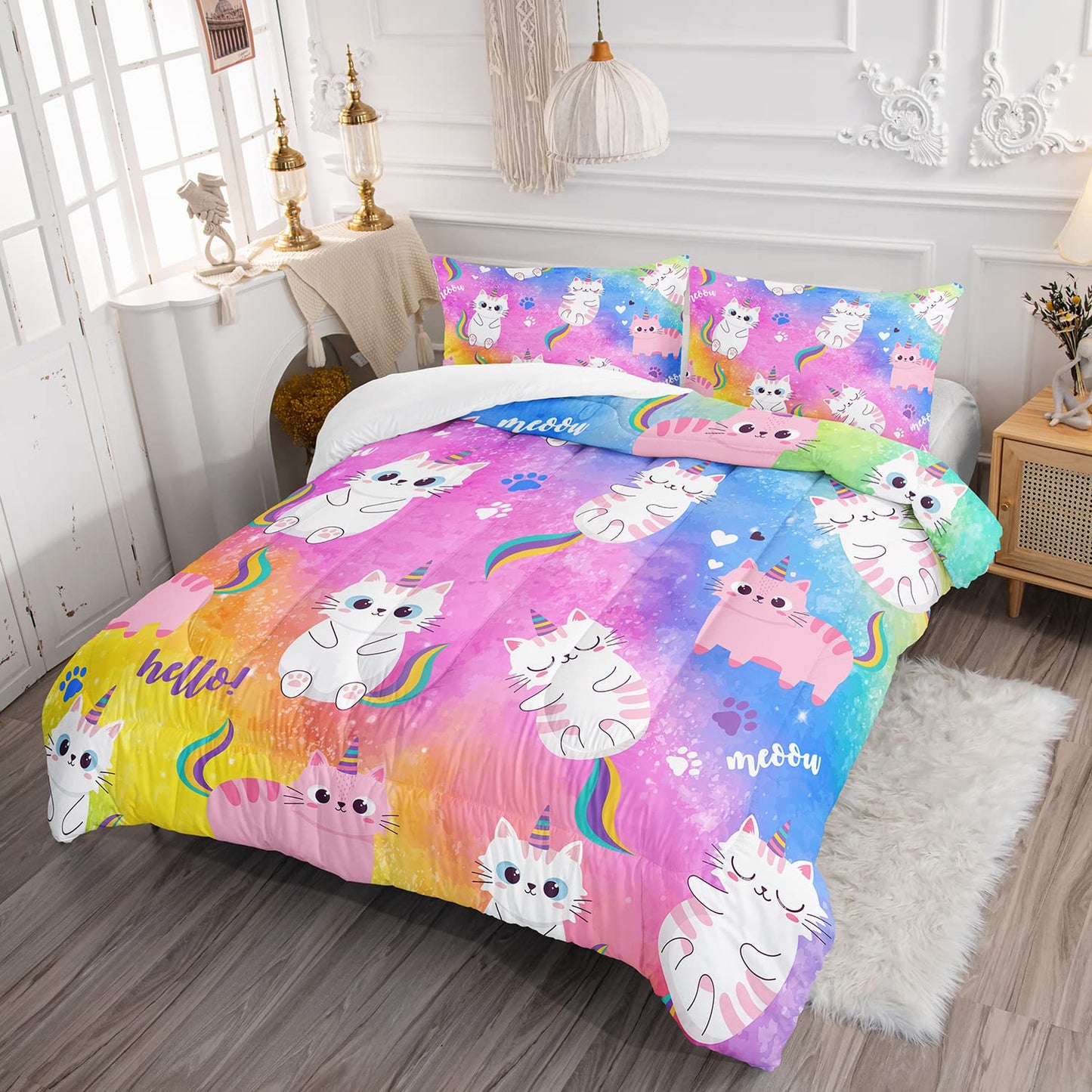 Axolotl Cat Bedding Twin Cartoon Cat Comforter Set, Rainbow Printed Kids Bedding Set for Girls, Adults, Teens, Kids Comforter Set All Season, 1 Quilt 2 Pillow Cases, Colorful Pink Blue